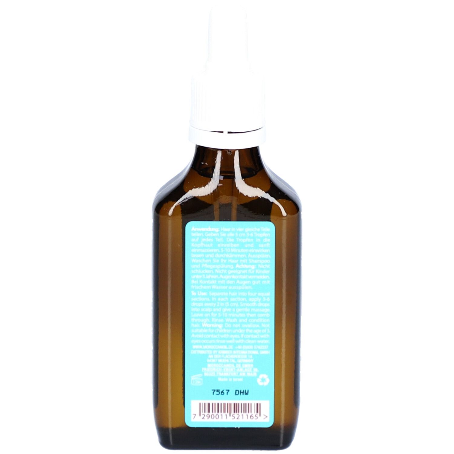 Achterkant van de bruine glazen fles. Turquoise label met tekst.