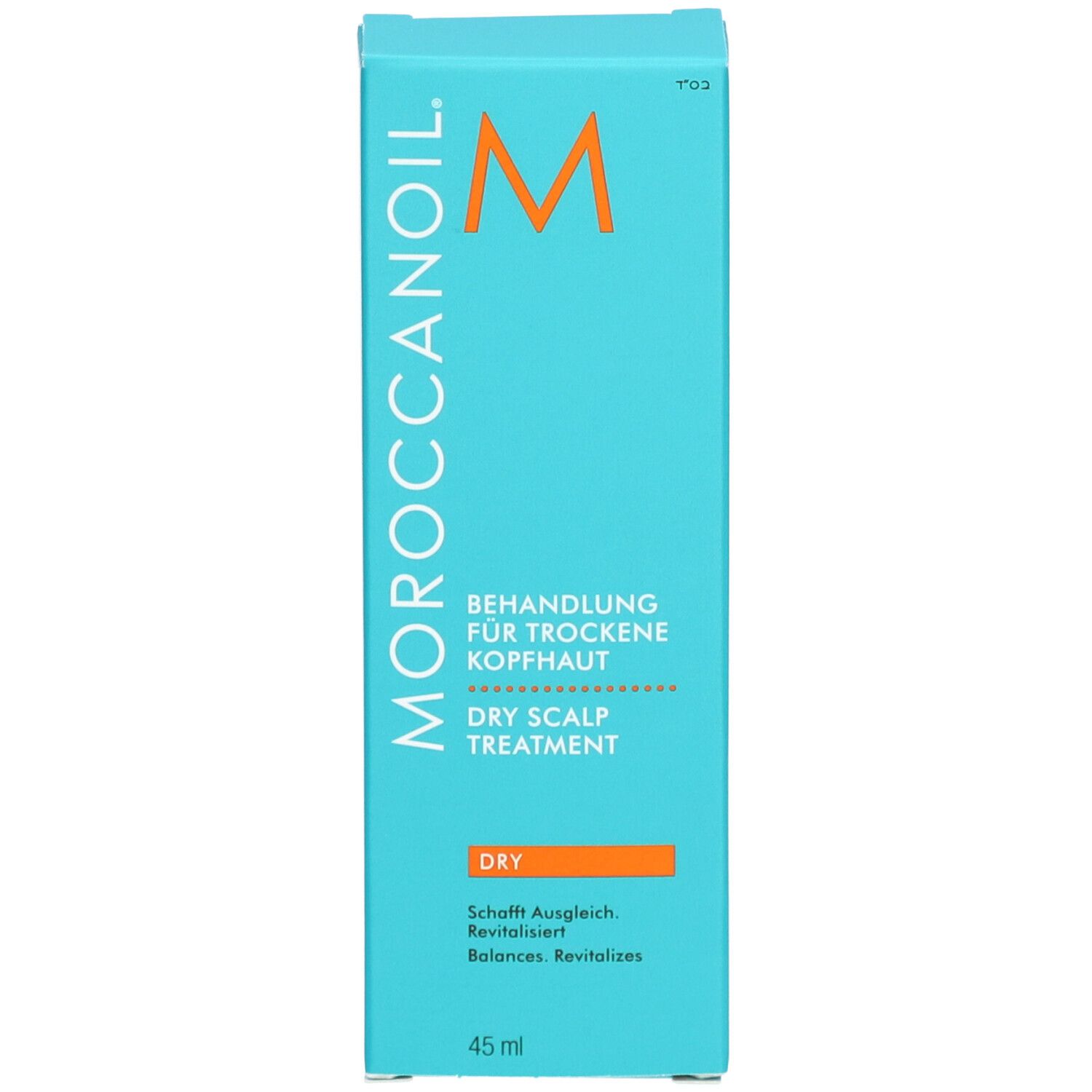 Turquoise doos met logo en productnaam. Oranje streep met 'DRY'.