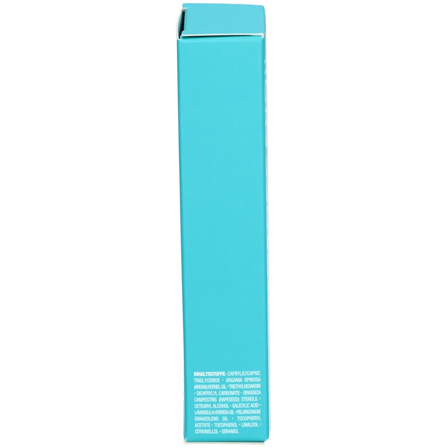 Turquoise doos, zijaanzicht. Tekst op de zijkant.