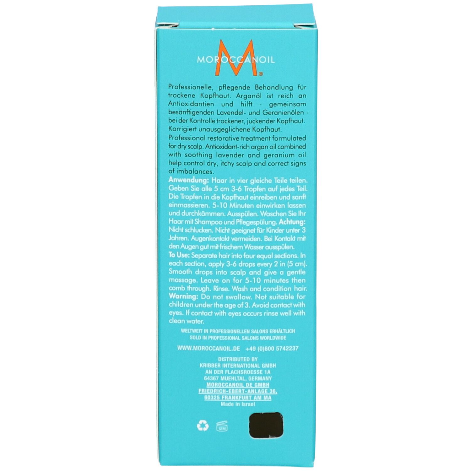 Turquoise doos, achterkant. Tekst met productinformatie.