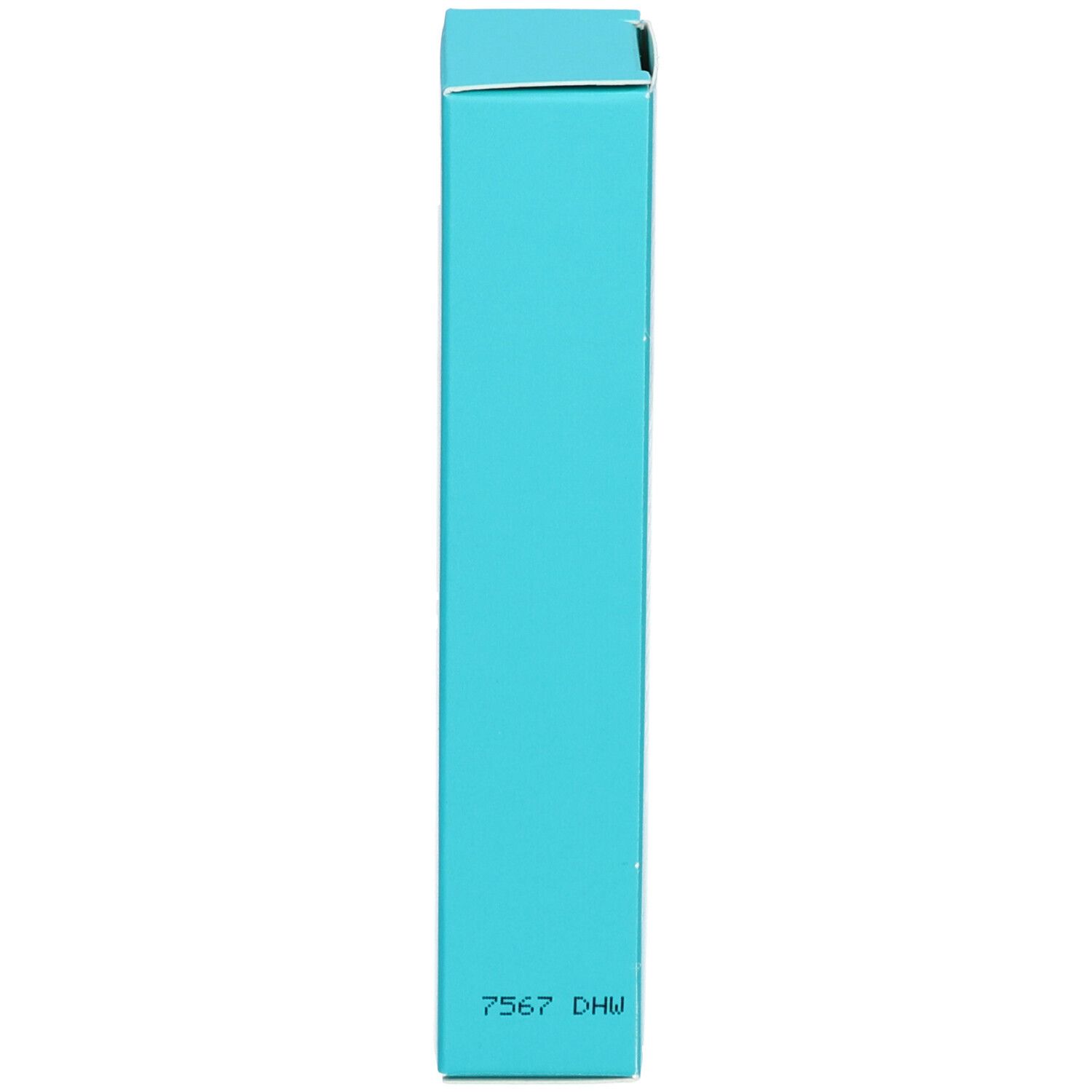 Turquoise doos, zijaanzicht. Tekst en code.
