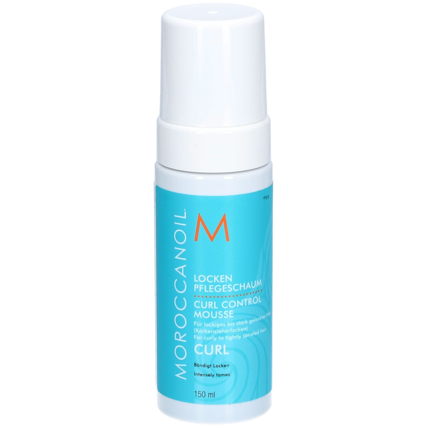 Moroccanoil Mousse Contrôle des Boucles. Flacon blanc avec étiquette bleue. Texte: Locken Pflege-Schaum, Curl Control Mousse, Curl. 150 ml.