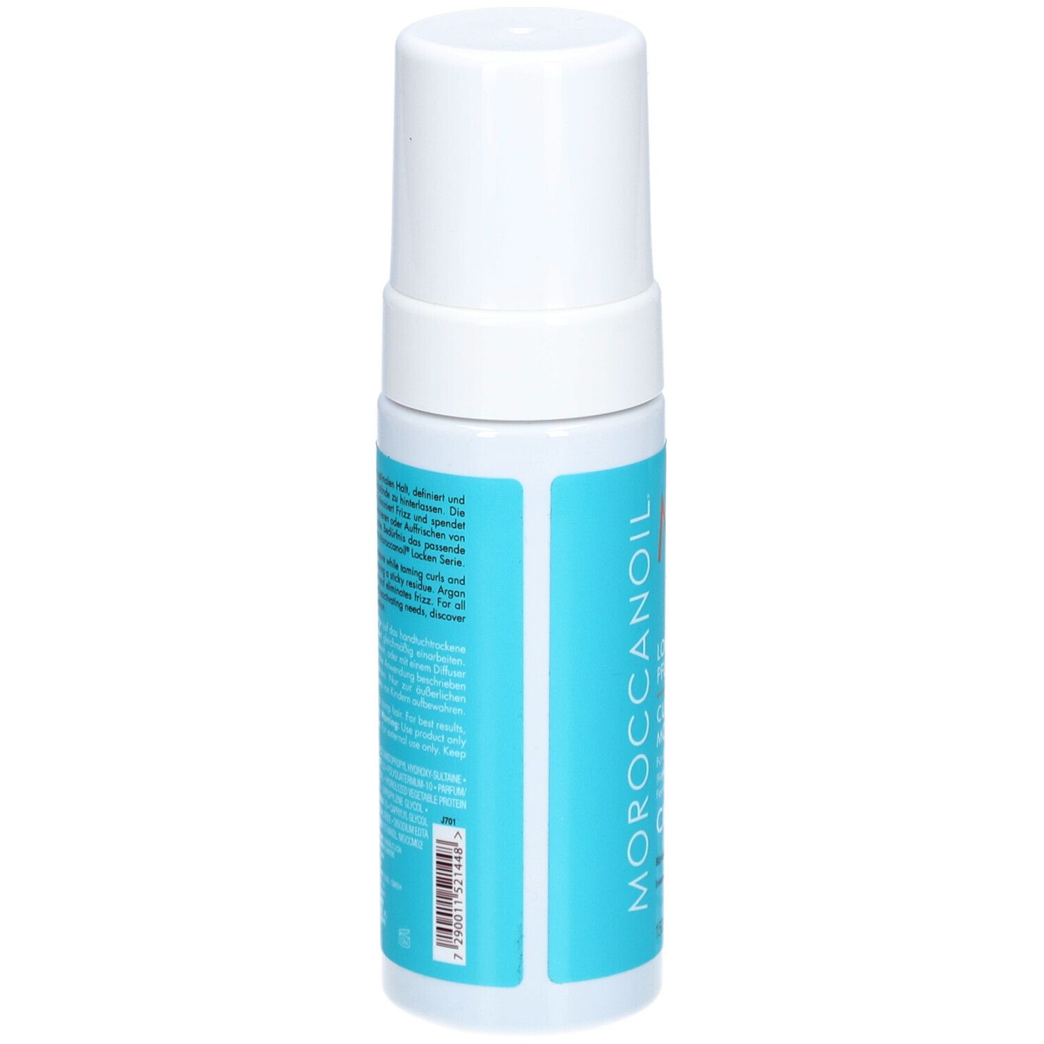Dos du flacon de Mousse Contrôle des Boucles Moroccanoil. Étiquette bleue avec texte. Flacon blanc avec bouchon blanc. Code-barres.