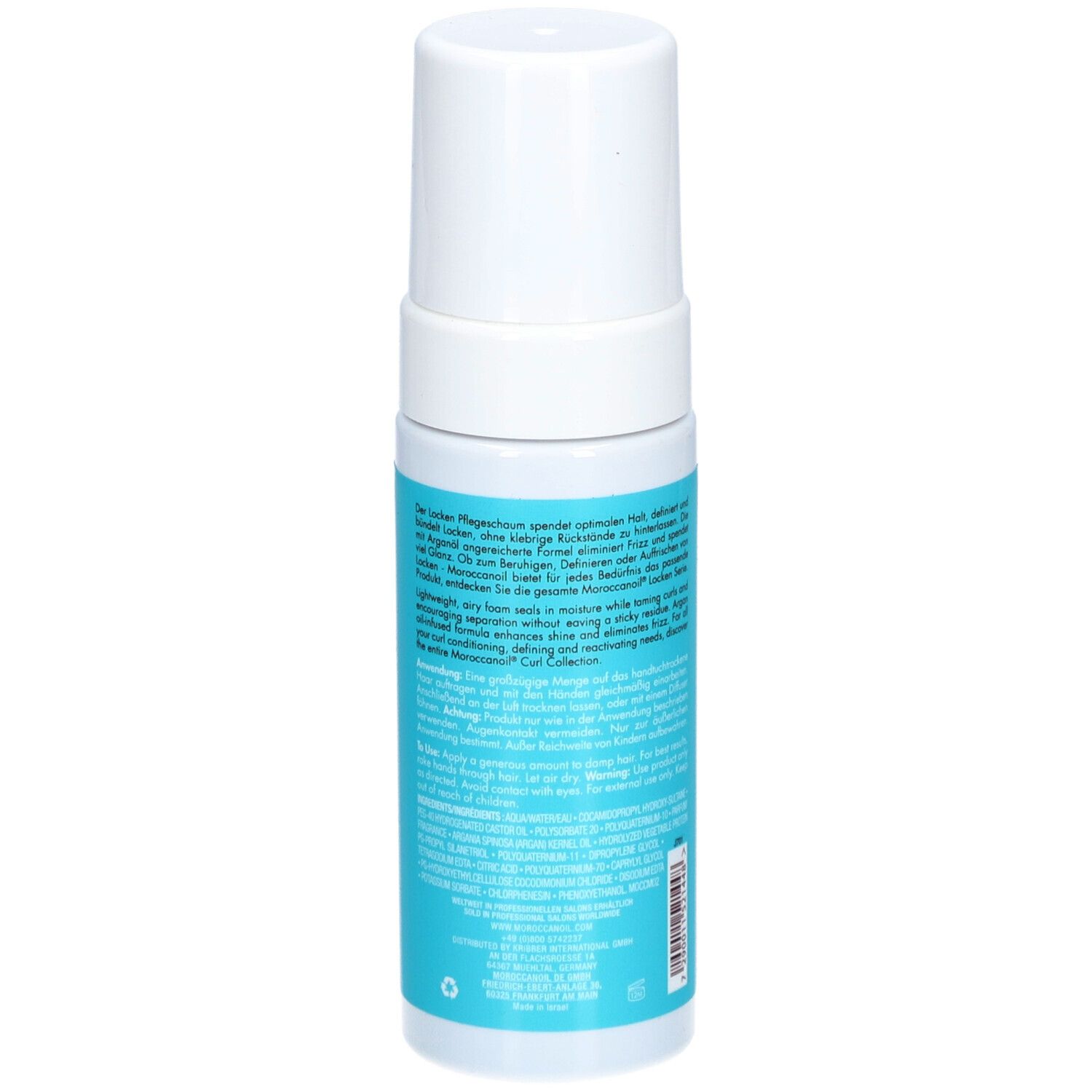 Dos du flacon de Mousse Contrôle des Boucles Moroccanoil. Étiquette bleue avec texte. Flacon blanc avec bouchon blanc.