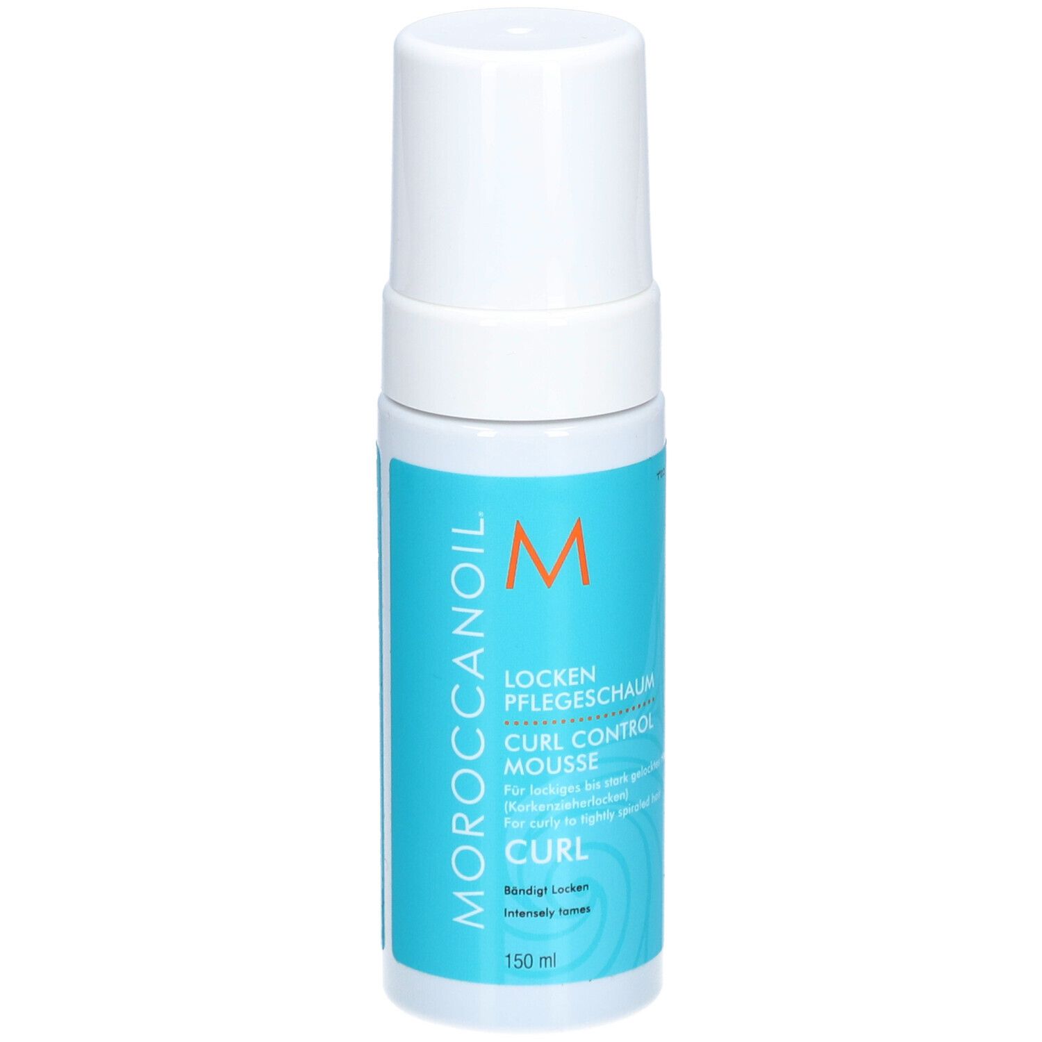 Moroccanoil Mousse Contrôle des Boucles. Flacon blanc avec étiquette bleue. Texte: Locken Pflege-Schaum, Curl Control Mousse, Curl. 150 ml.