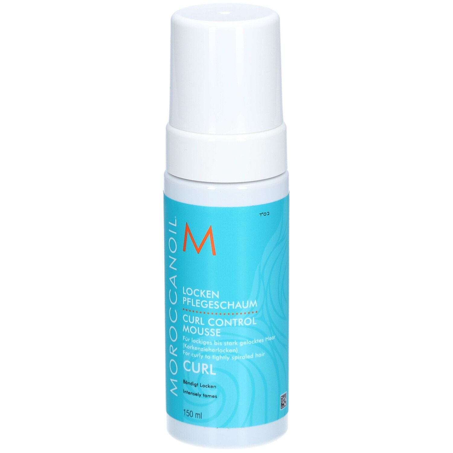 Moroccanoil Mousse Contrôle des Boucles. Flacon blanc avec étiquette bleue. Texte: Locken Pflege-Schaum, Curl Control Mousse, Curl. 150 ml.