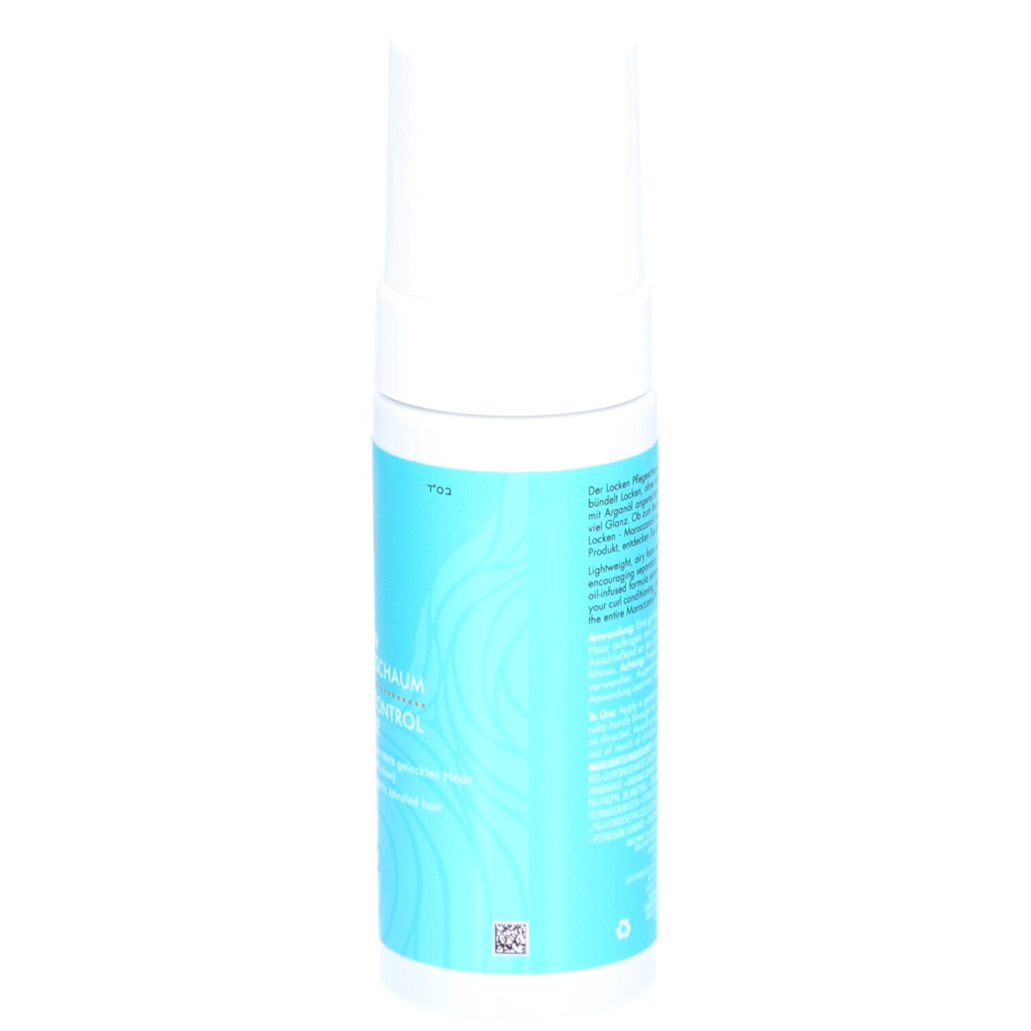 Dos du flacon de Mousse Contrôle des Boucles Moroccanoil. Étiquette bleue avec texte. Flacon blanc avec bouchon blanc.