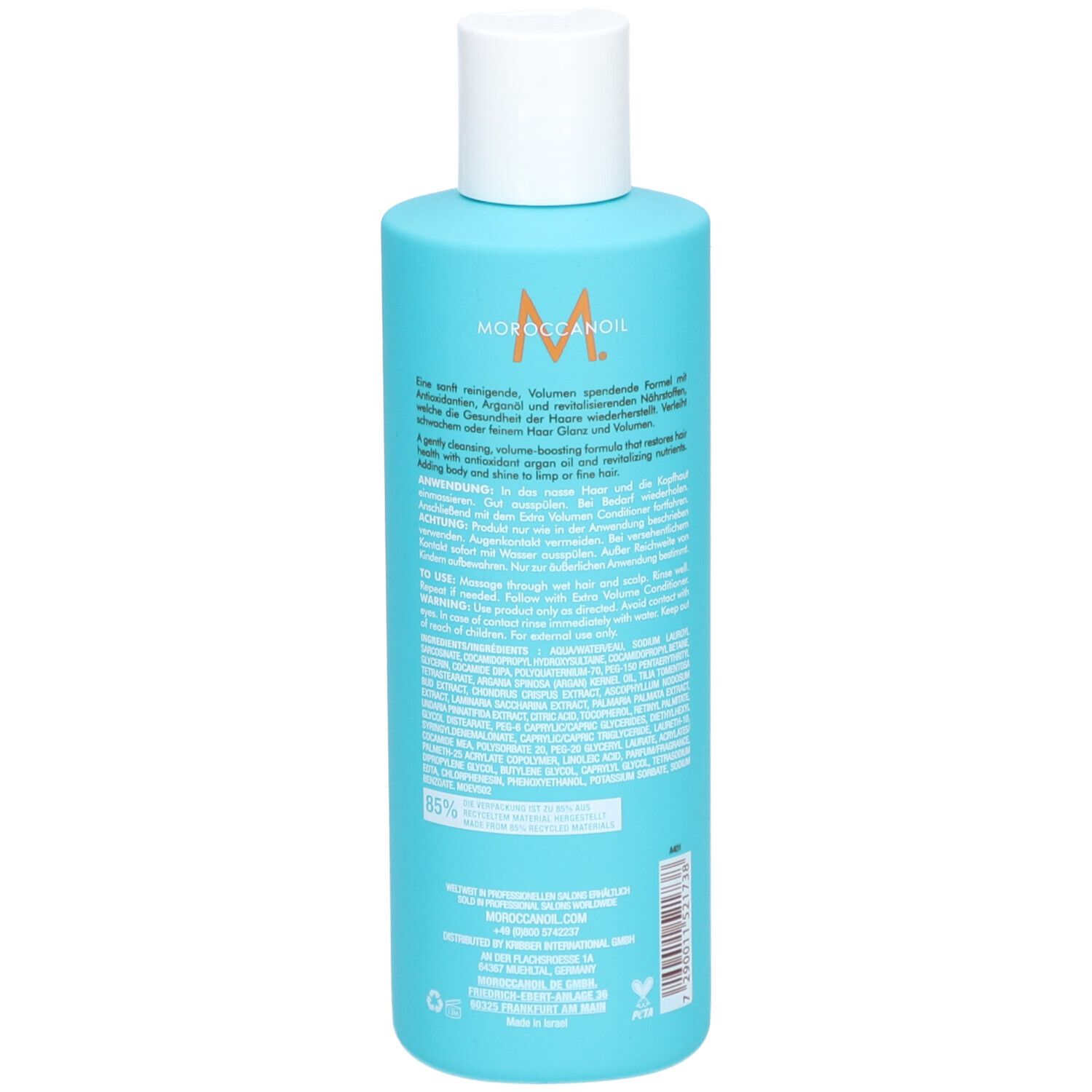 Arrière de la bouteille de Moroccanoil Extra Volume Shampoo avec ingrédients, 250ml.