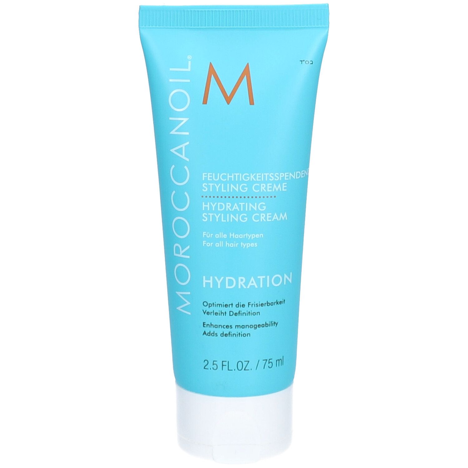Turquoise tube met productnaam en logo. Tekst: Hydrating Styling Creme. 2.5 FL.OZ. / 75 ml.