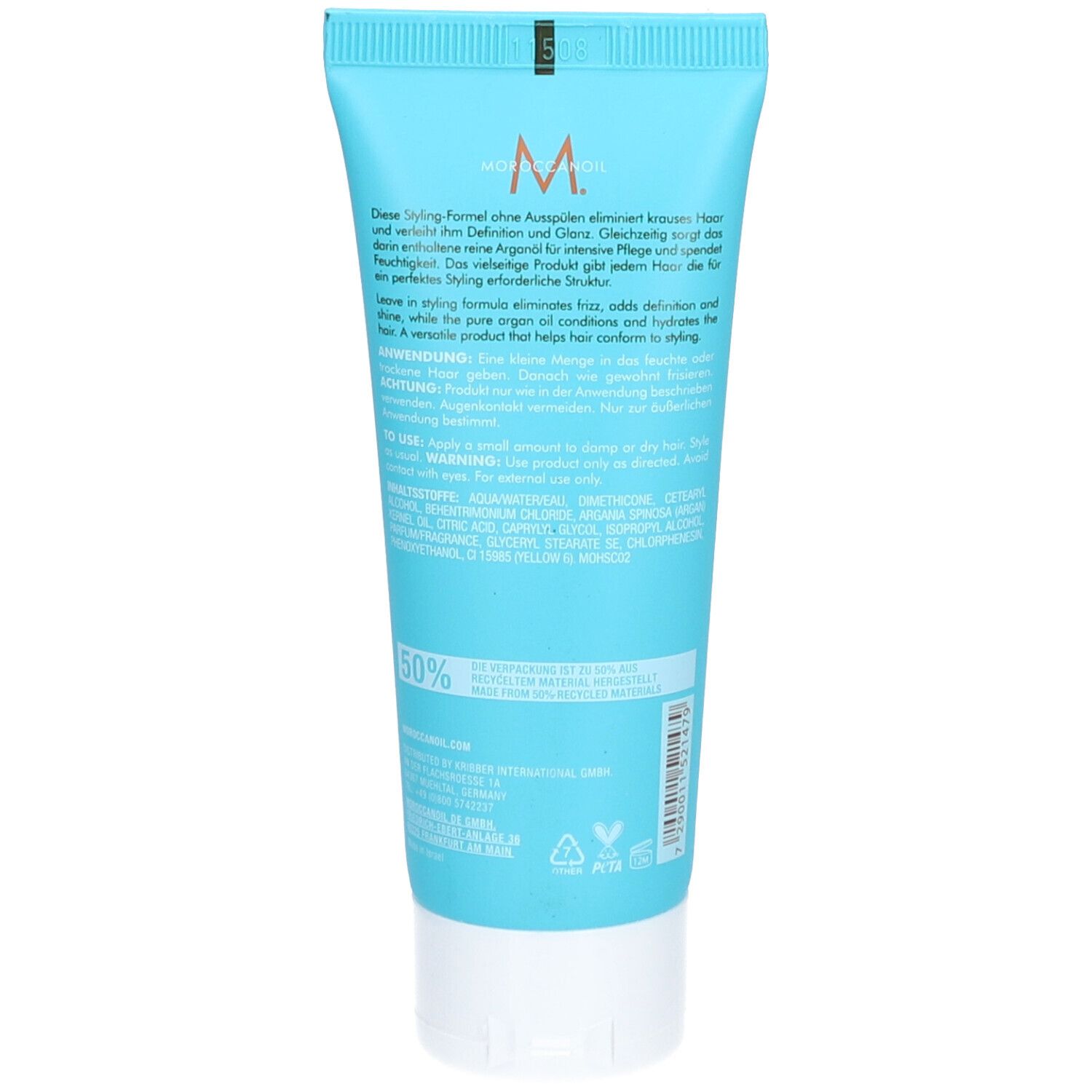 Achterkant van een turquoise tube. Tekst: Styling Creme. Ingrediënten en instructies. Gerecycled materiaal.