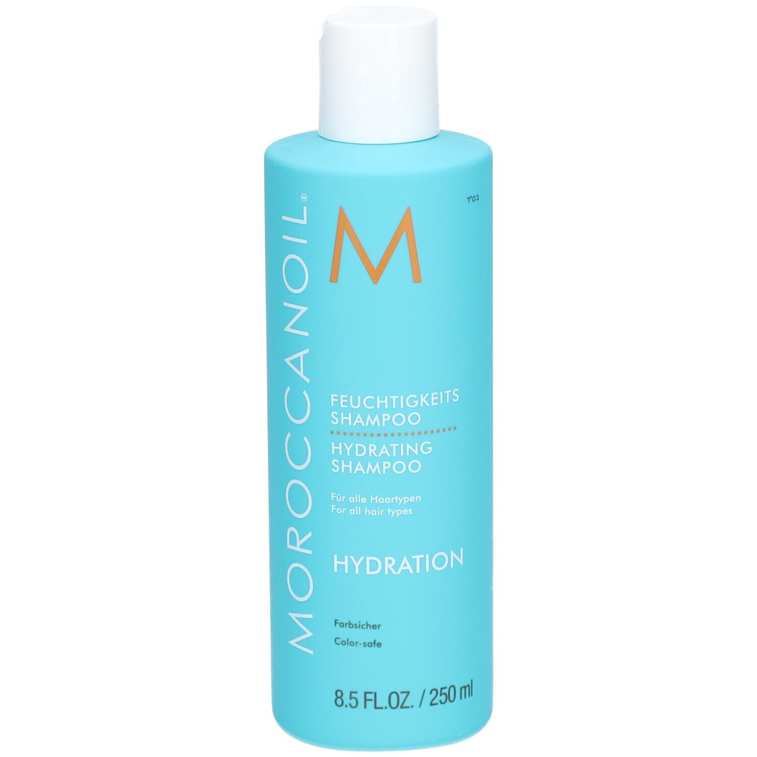 Turquoise fles met witte dop. Opschrift: Moroccanoil, Hydrating Shampoo. 8.5 FL.OZ./250 ml.