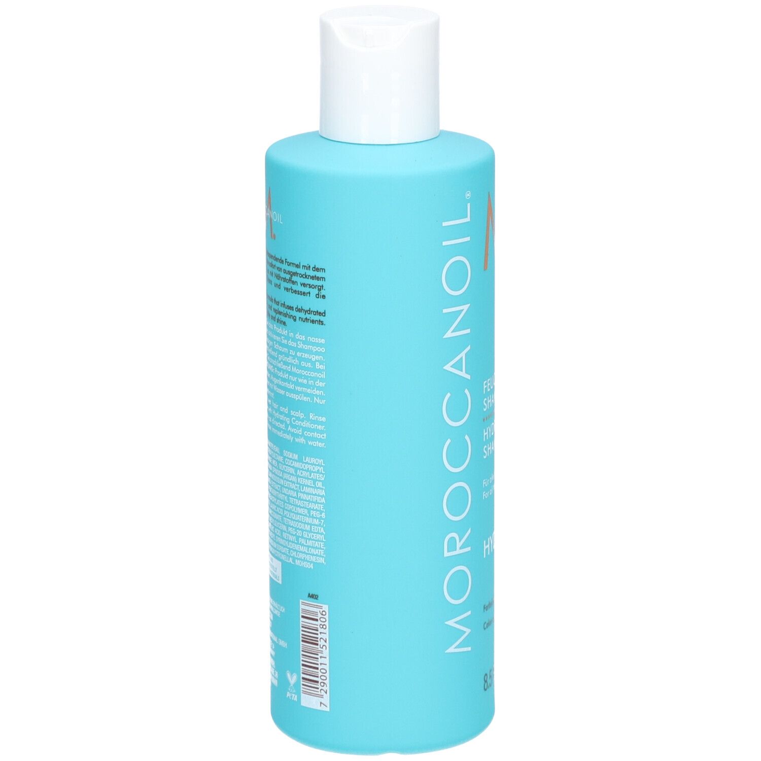 Turquoise fles met witte dop. Achterkant met tekst. Opschrift: Moroccanoil. 8.5 FL.OZ./250 ml.