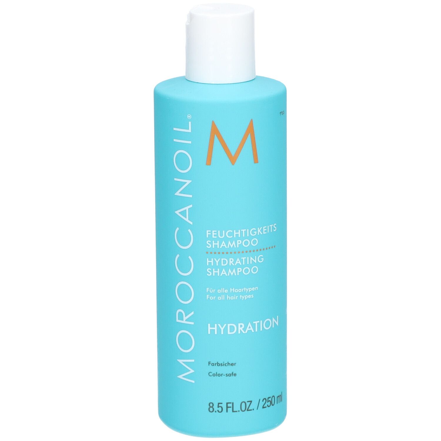 Turquoise fles met witte dop. Opschrift: Moroccanoil, Hydrating Shampoo. 8.5 FL.OZ./250 ml.
