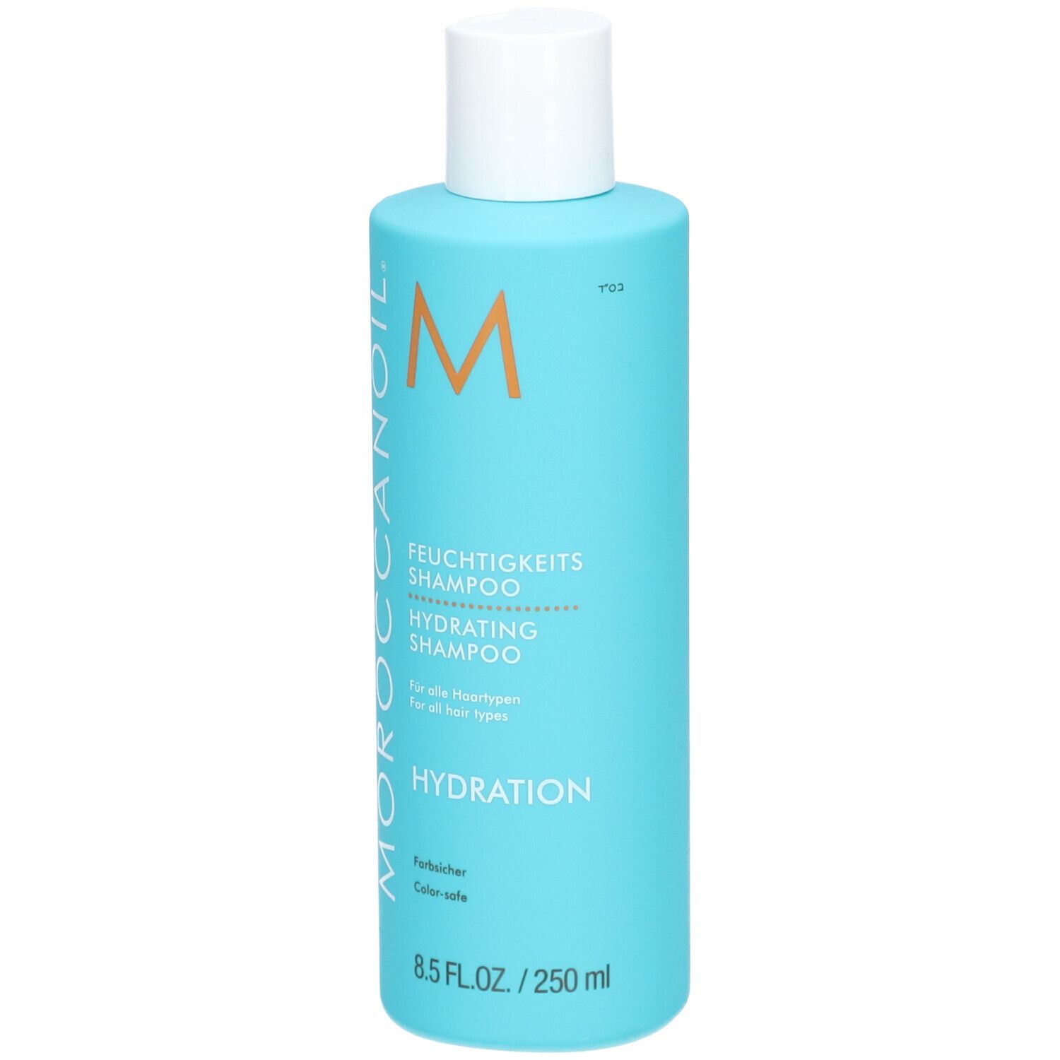 Turquoise fles met witte dop. Opschrift: Moroccanoil, Hydrating Shampoo. 8.5 FL.OZ./250 ml.
