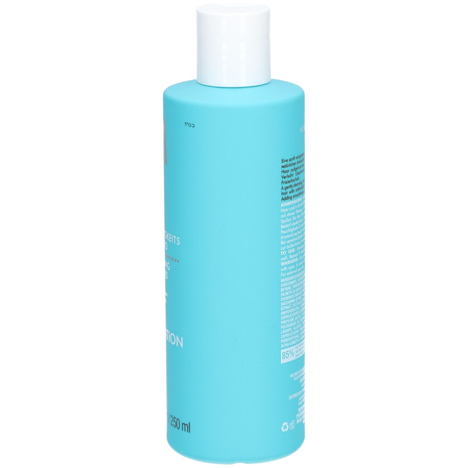 Turquoise fles met witte dop. Achterkant met tekst. Opschrift: Moroccanoil. 250 ml.