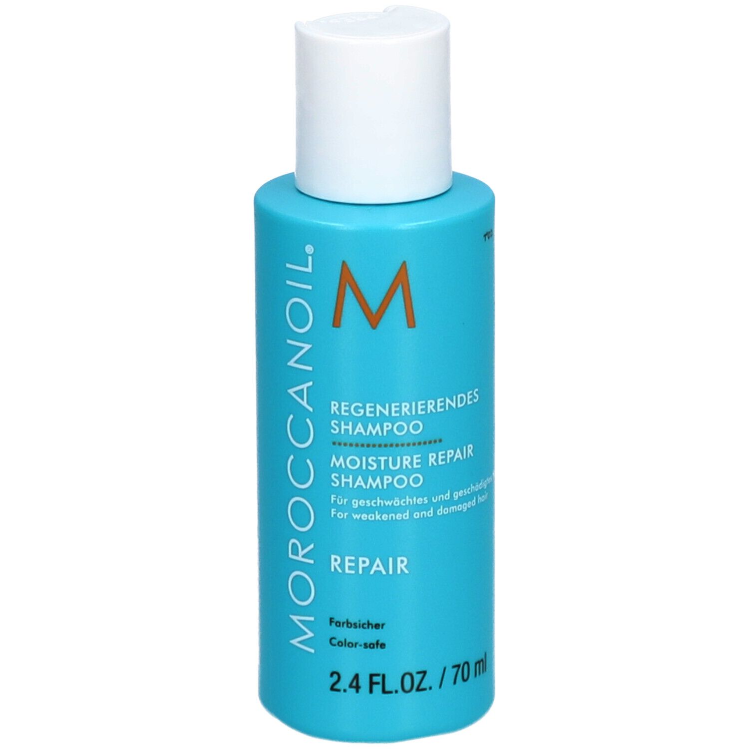 Turquoise shampoo fles met witte dop. Opschrift: Moroccanoil, Regenererendes Shampoo, Moisture Repair Shampoo.