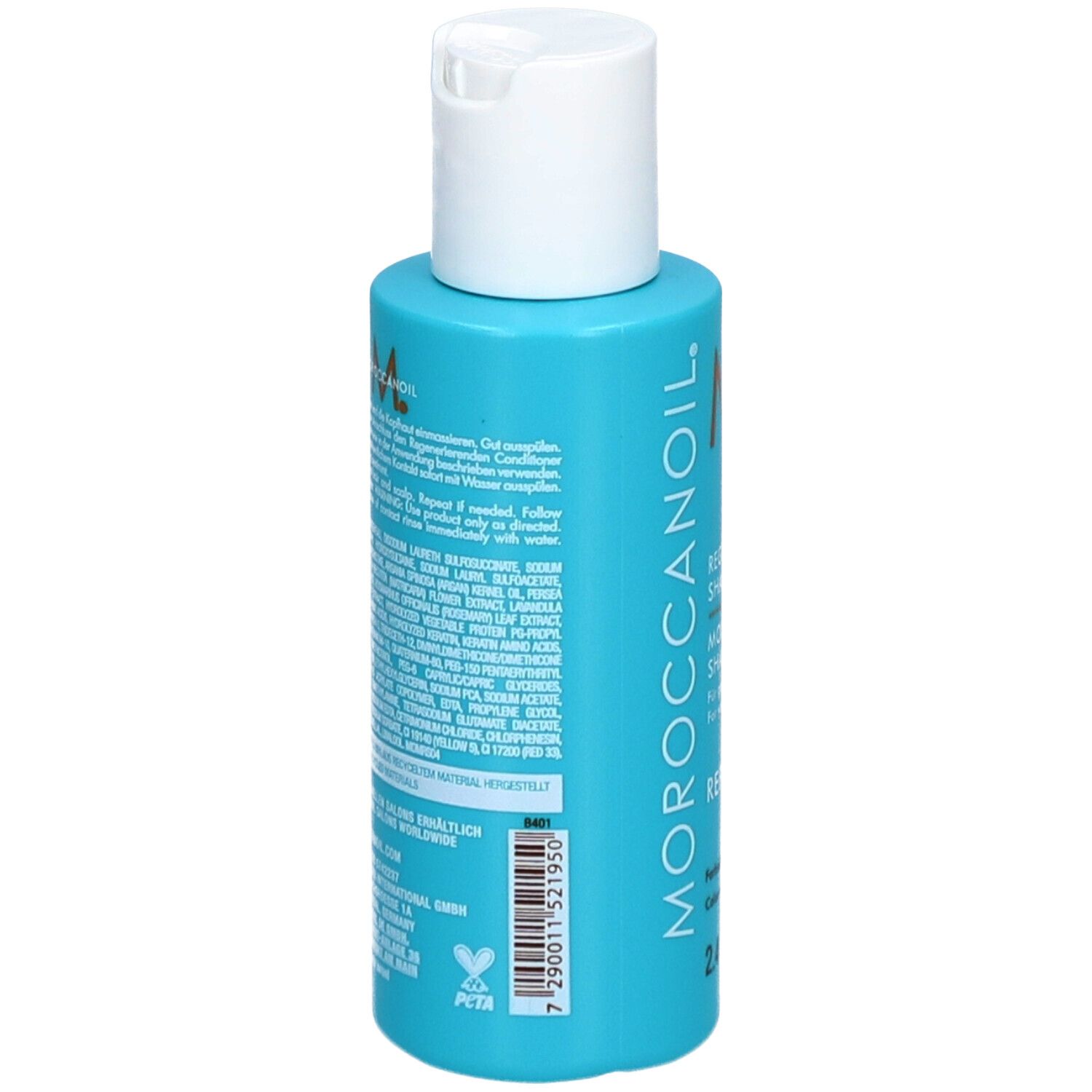 Achterkant van een turquoise shampoo fles met witte dop. Meertalige tekst, barcode en PETA logo.