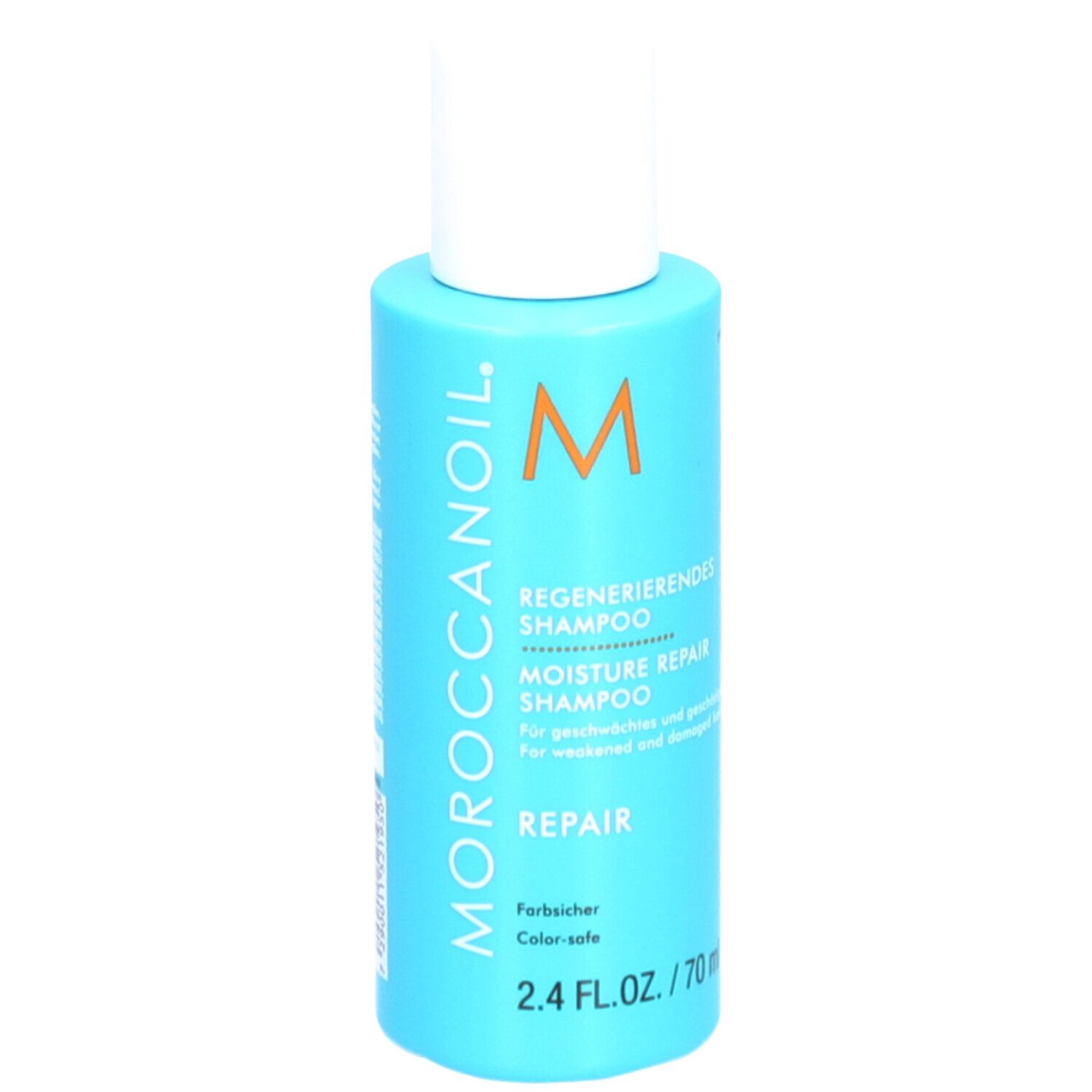 Turquoise shampoo fles met witte dop. Opschrift: Moroccanoil, Regenererendes Shampoo, Moisture Repair Shampoo.