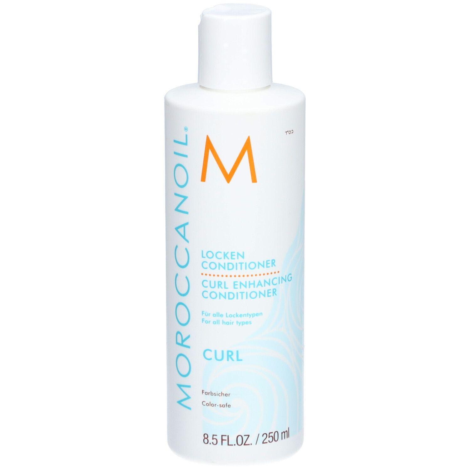 Witte fles Moroccanoil Curl Enhancing Conditioner met oranje M-logo. 250 ml.
