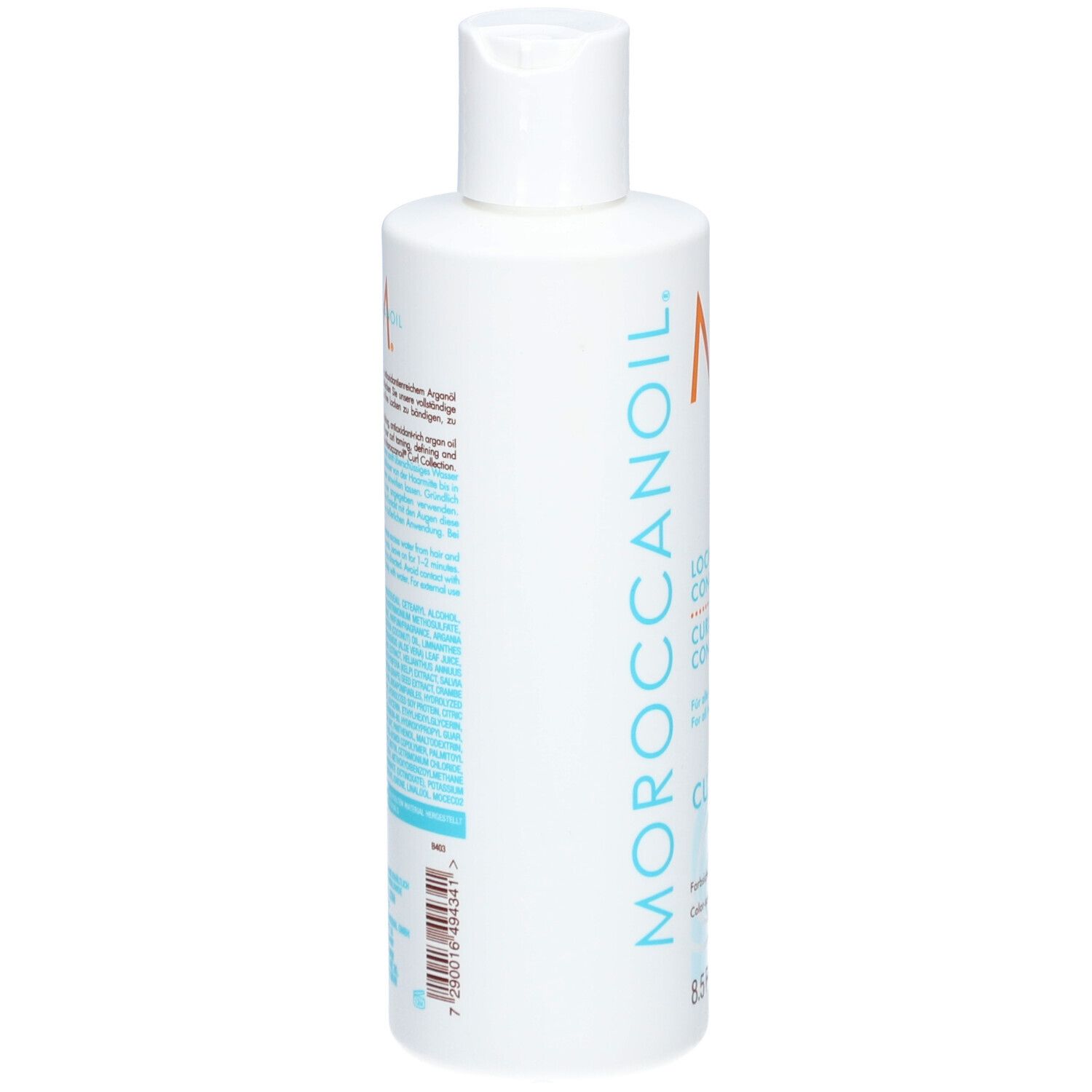 Witte fles met turquoise "MOROCCANOIL"-opschrift en productinformatie.