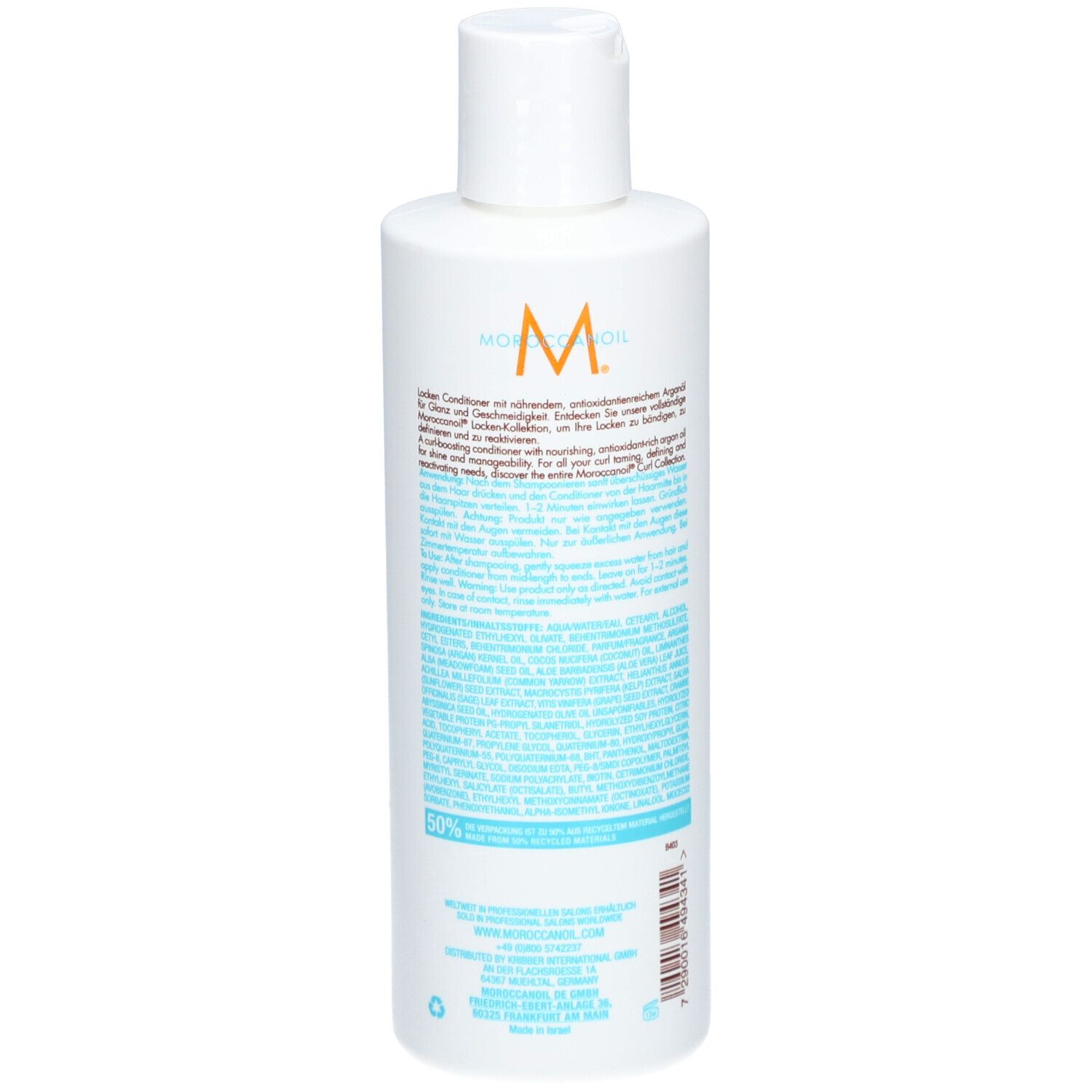 Witte fles met oranje-gouden "M"-logo en turquoise label met productinformatie.