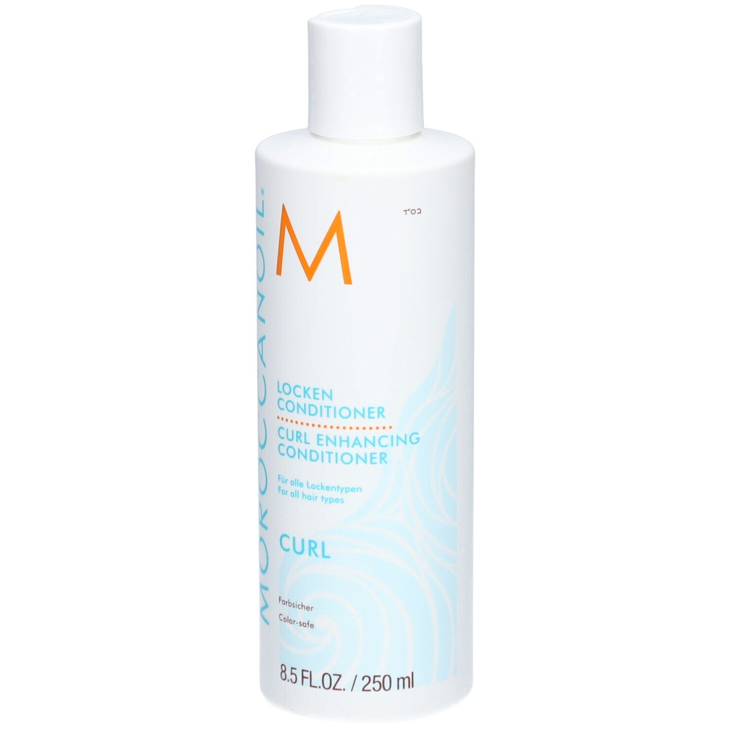 Witte fles met oranje M-logo. Krullen conditioner voor alle haartypes, 250 ml.