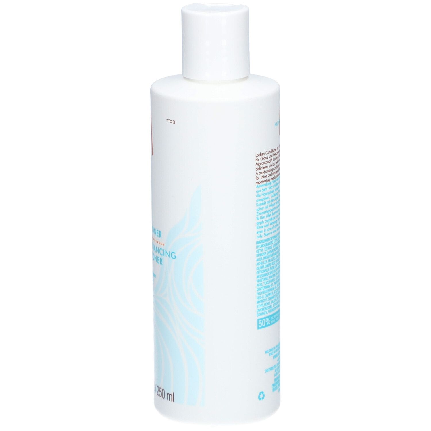 Witte fles met blauw golvend patroon en opschrift 'Balancing Conditioner', 250 ml.