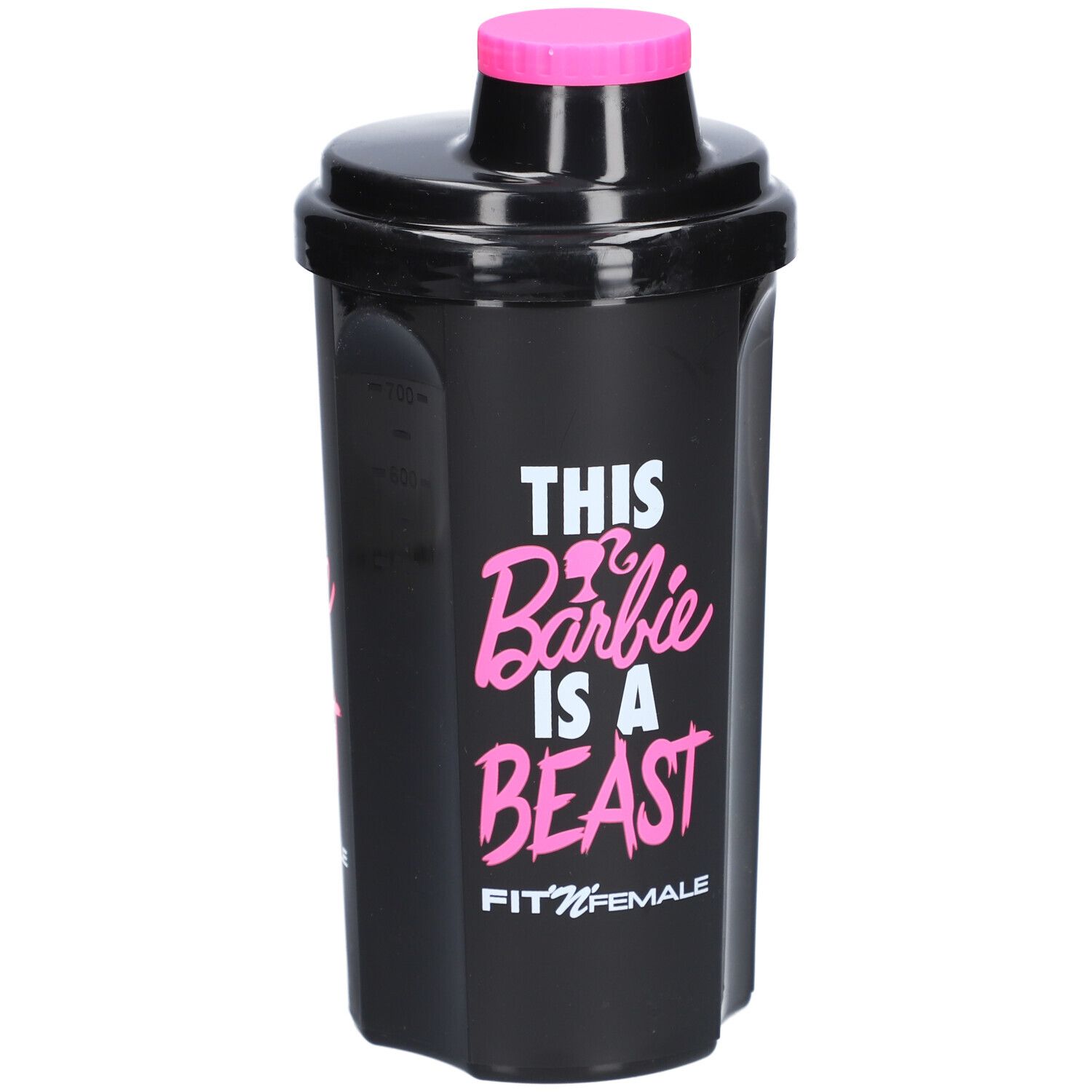 Shaker noir avec couvercle rose. Inscription : THIS Barbie IS A BEAST. Marque : FIT'N'FEMALE.