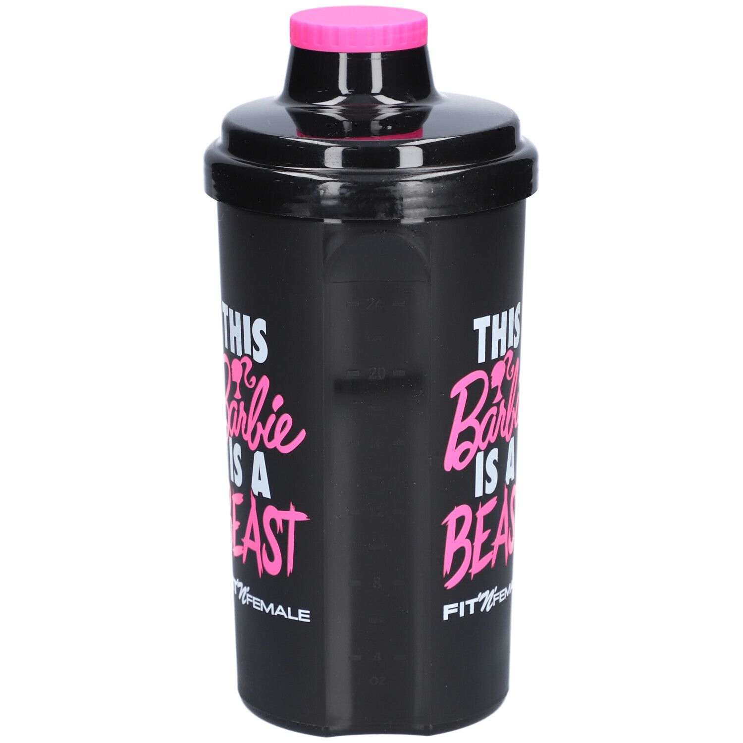 Shaker noir avec couvercle rose. Inscription : THIS Barbie IS A BEAST. Marque : FIT'N'FEMALE.