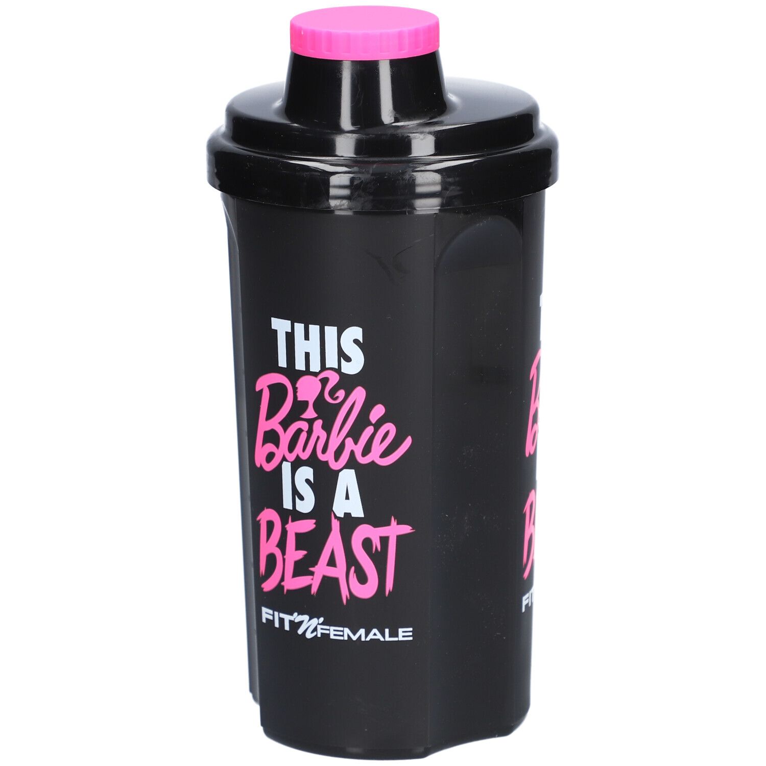 Shaker noir avec couvercle rose. Inscription : THIS Barbie IS A BEAST. Marque : FIT'N'FEMALE.