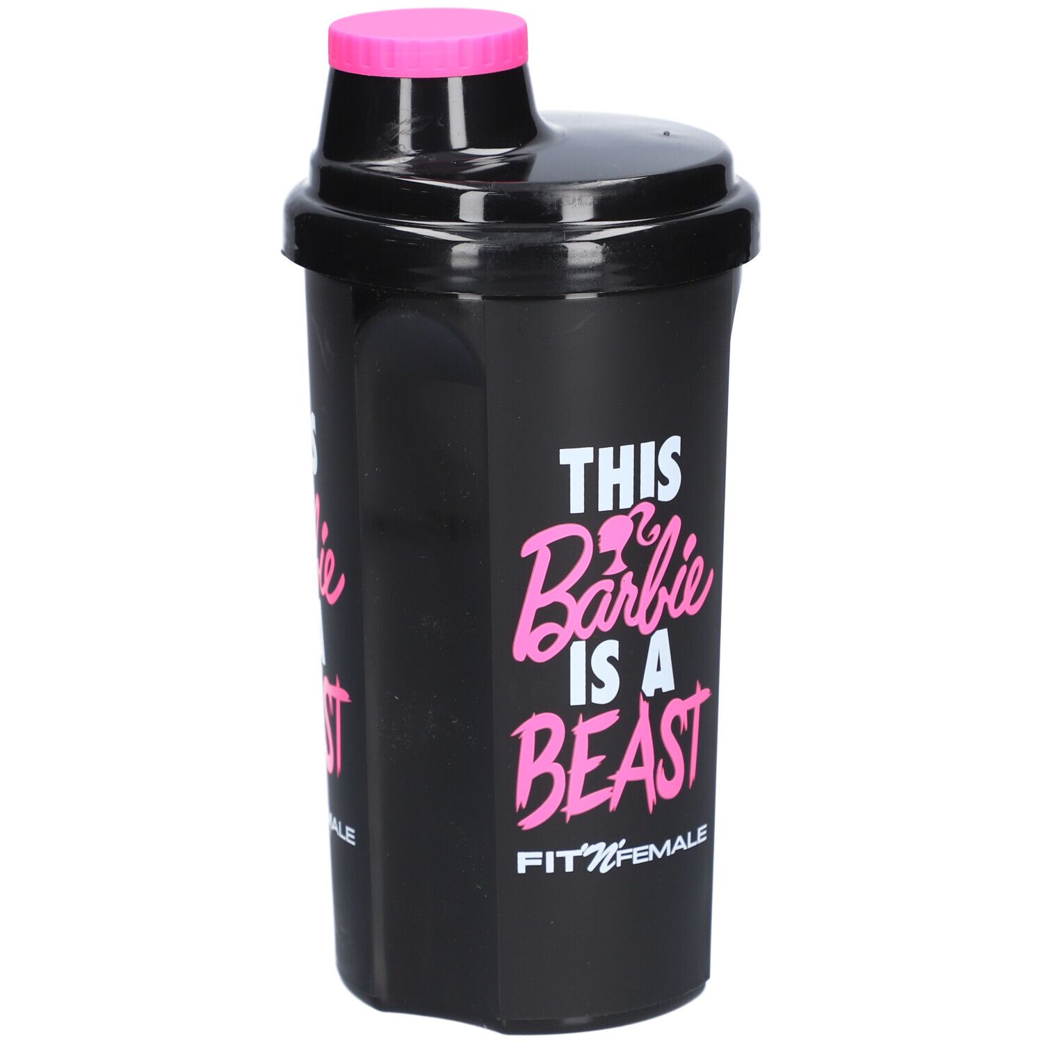 Shaker noir avec couvercle rose. Inscription : THIS Barbie IS A BEAST. Marque : FIT'N'FEMALE.