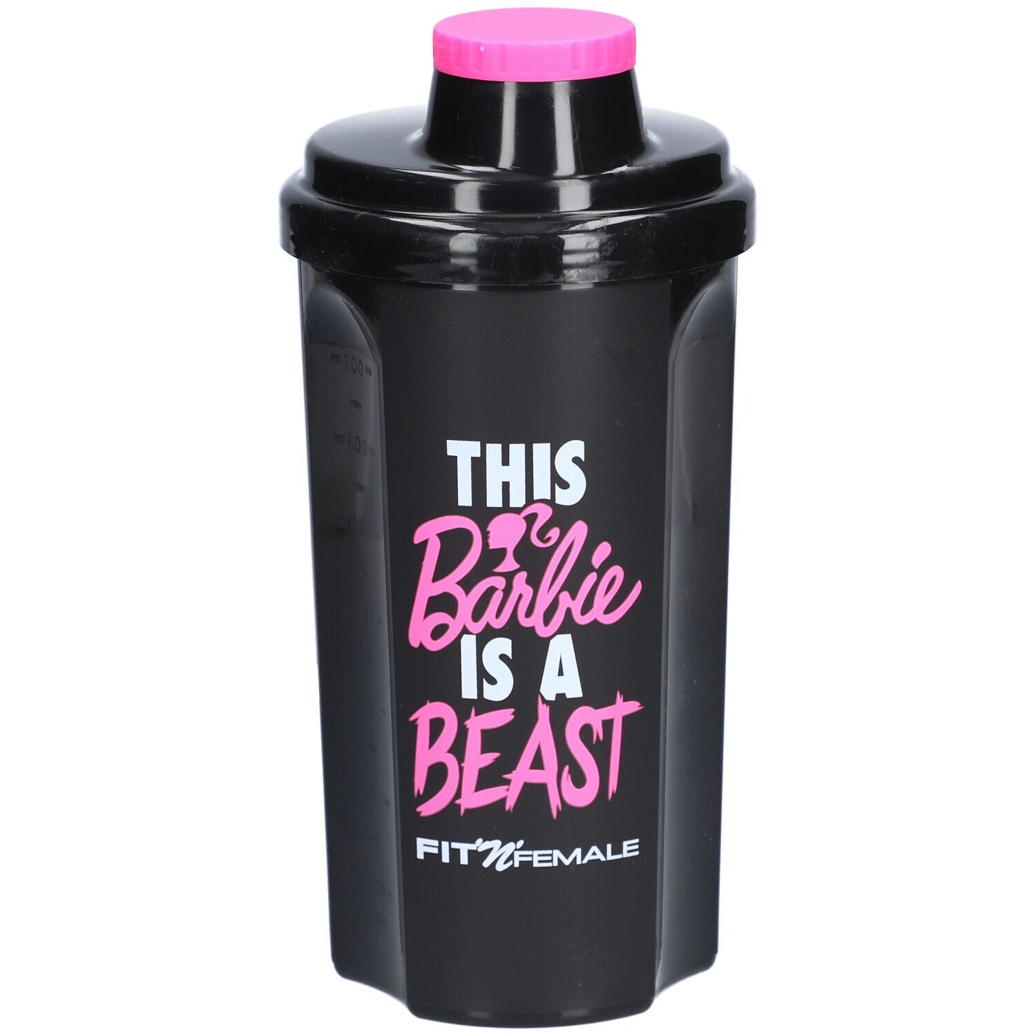 Shaker noir avec couvercle rose. Inscription : THIS Barbie IS A BEAST. Marque : FIT'N'FEMALE.