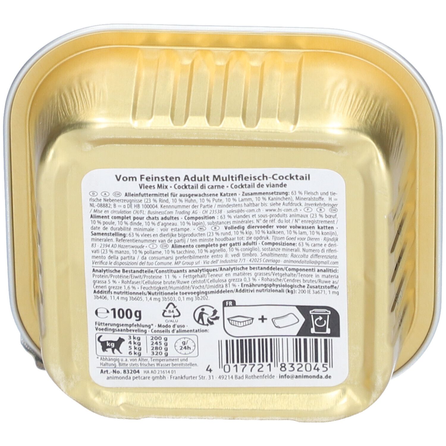 Animonda Vom Feinsten Adult Multifleisch-Cocktail. Dos de la barquette avec texte et informations nutritionnelles.