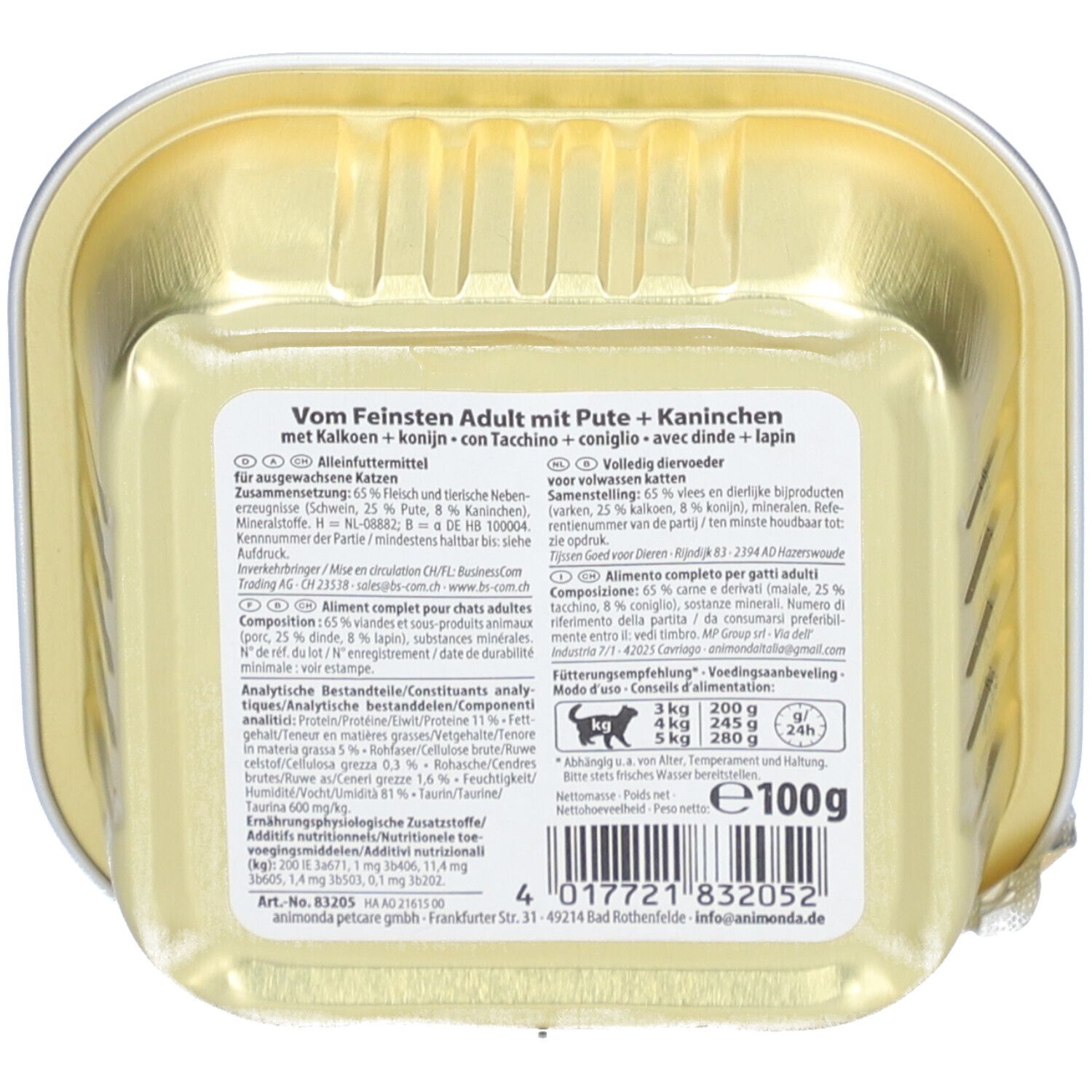 Barquette de nourriture pour chats ouverte. Texte: Vom Feinsten Adult mit Pute + Kaninchen. Informations sur les ingrédients et l'alimentation.