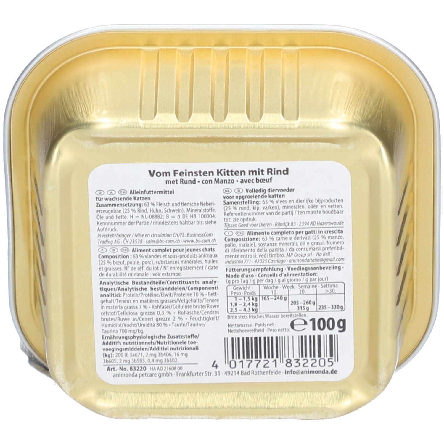 Animonda Vom Feinsten Kitten mit Rind. Open blik met productinformatie. Tekst: Alleinfuttermittel, 100g, ingrediënten, analytische bestanddelen.