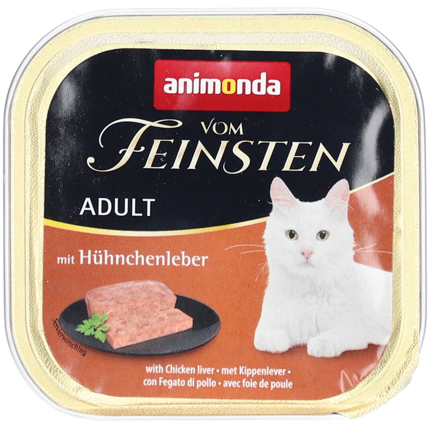 Aliment pour chats en barquette. Inscription : animonda Vom Feinsten Adult mit Hühnchenleber. Image d'un chat et de nourriture.