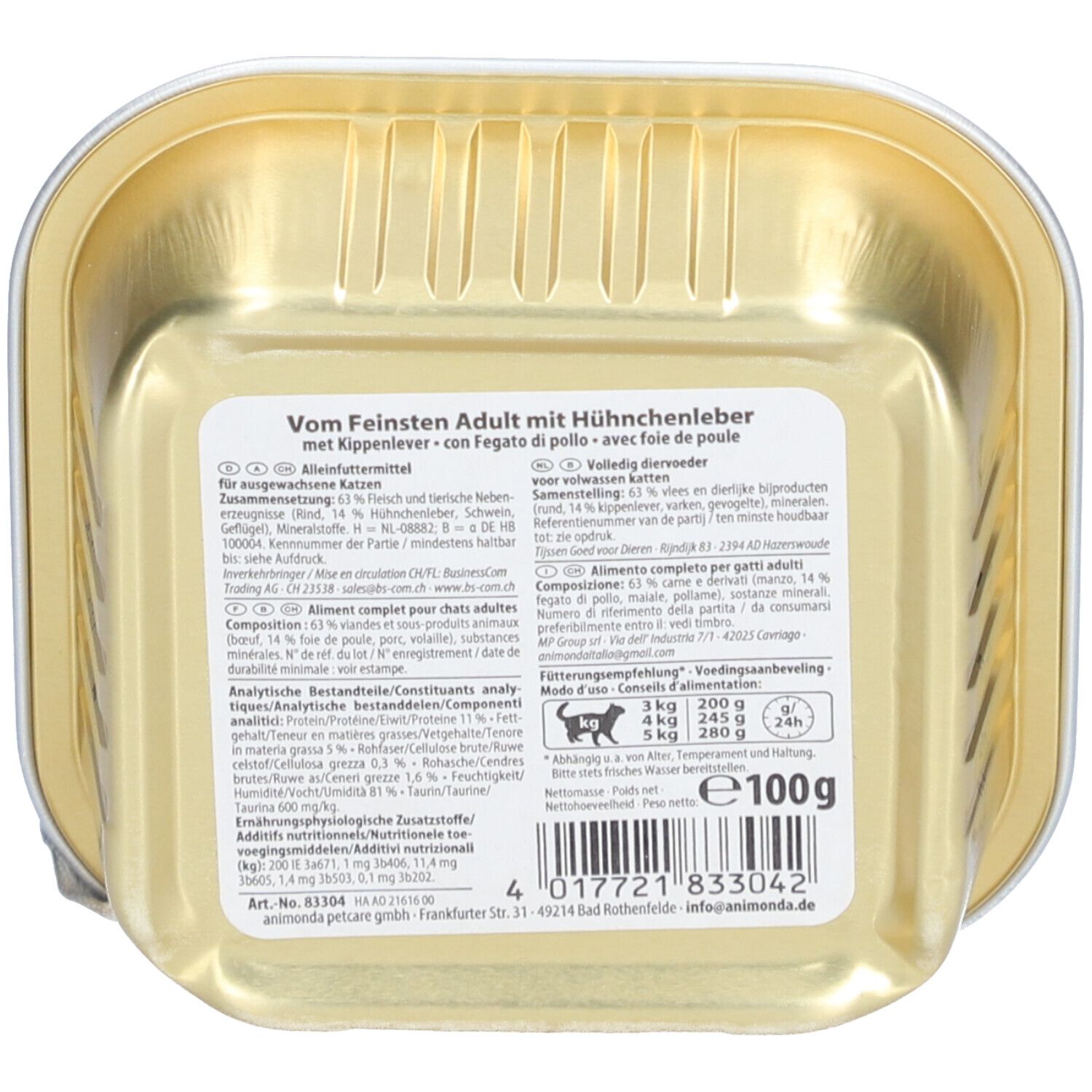 Dos de la barquette d'aliments pour chats. Texte : Vom Feinsten Adult mit Hühnchenleber. Informations sur les ingrédients et recommandations.