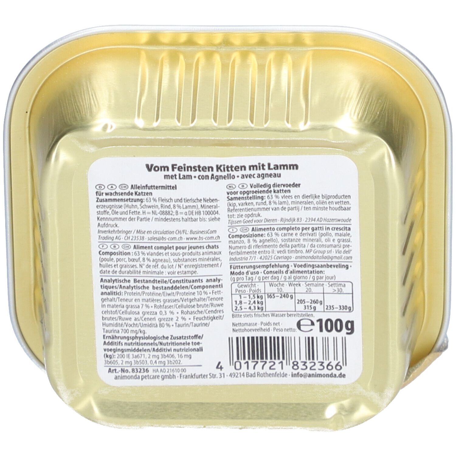 Dos d'une barquette de nourriture pour chat. Texte : Vom Feinsten Kitten mit Lamm, ingrédients, informations nutritionnelles, poids 100g.