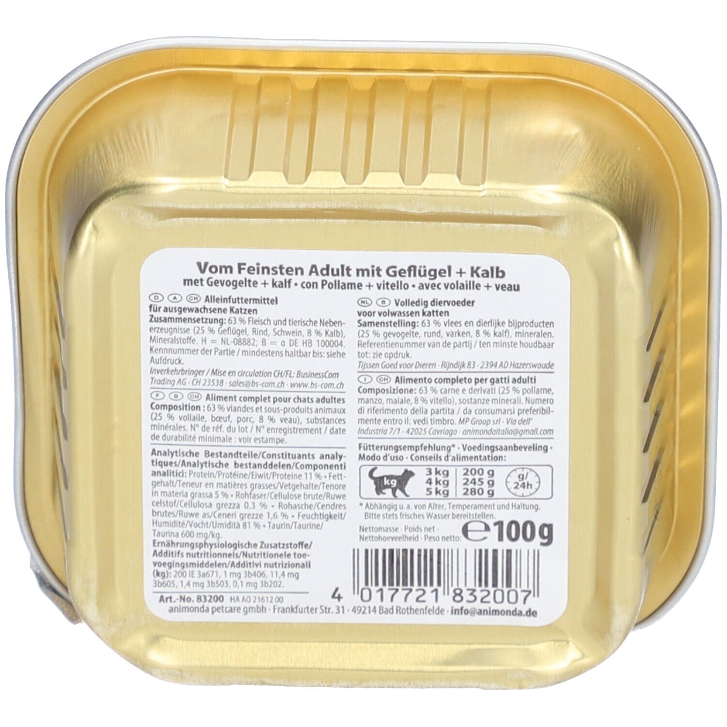 Dos de la barquette Animonda Vom Feinsten Adult mit Geflügel + Kalb. Informations produit et valeurs nutritionnelles.