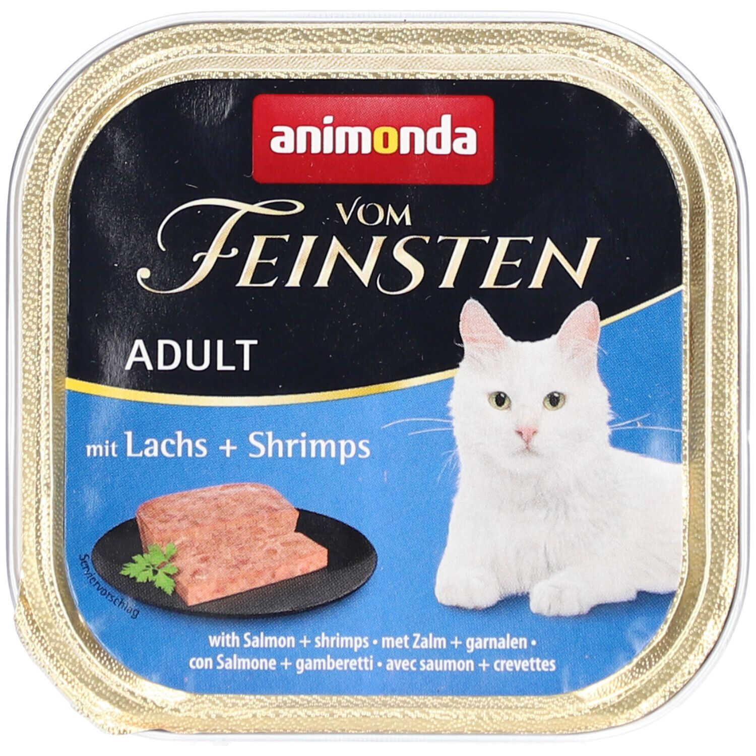 Blikje animonda Vom Feinsten Adult mit Lachs + Shrimps. Zwart deksel met logo en kat. Geopend blik met voer.