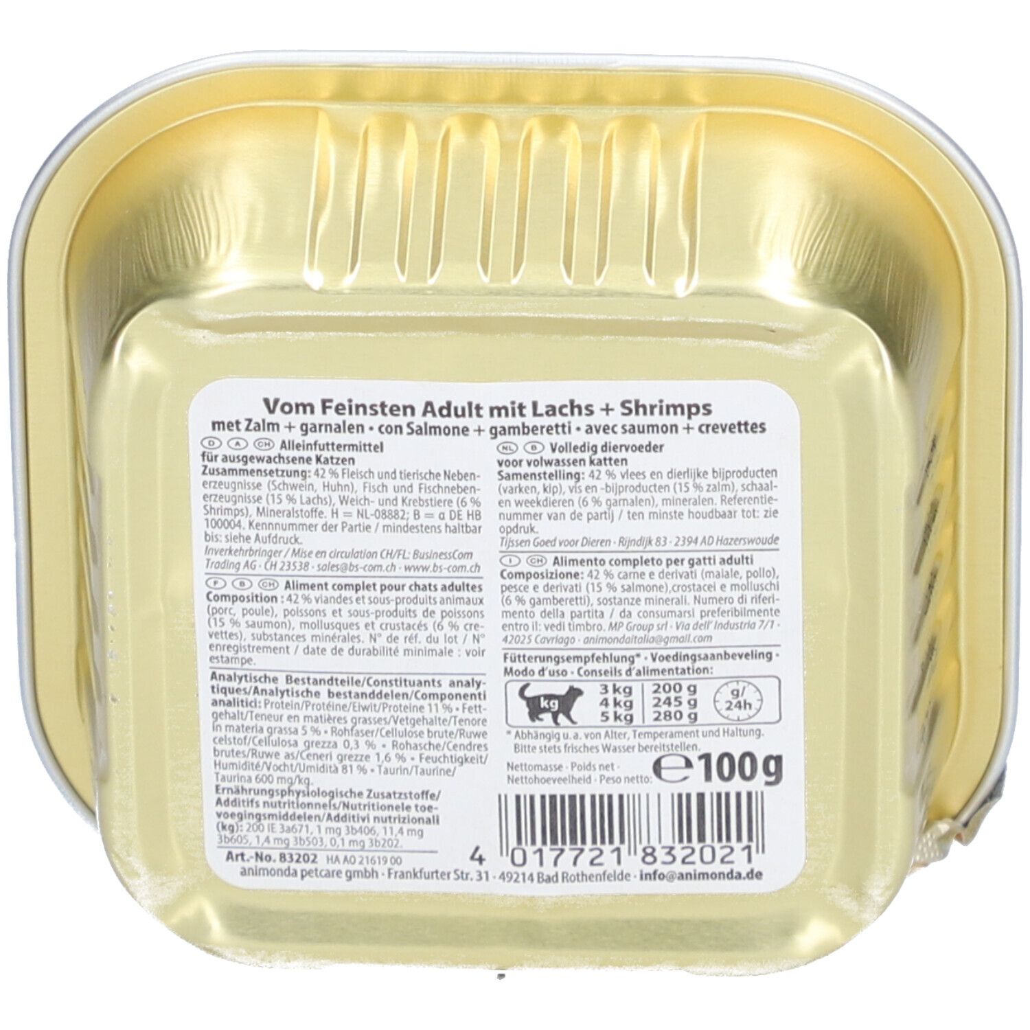 Achterkant van het blikje animonda Vom Feinsten Adult mit Lachs + Shrimps. Meertalige tekst. Voedingswaarde en logo.