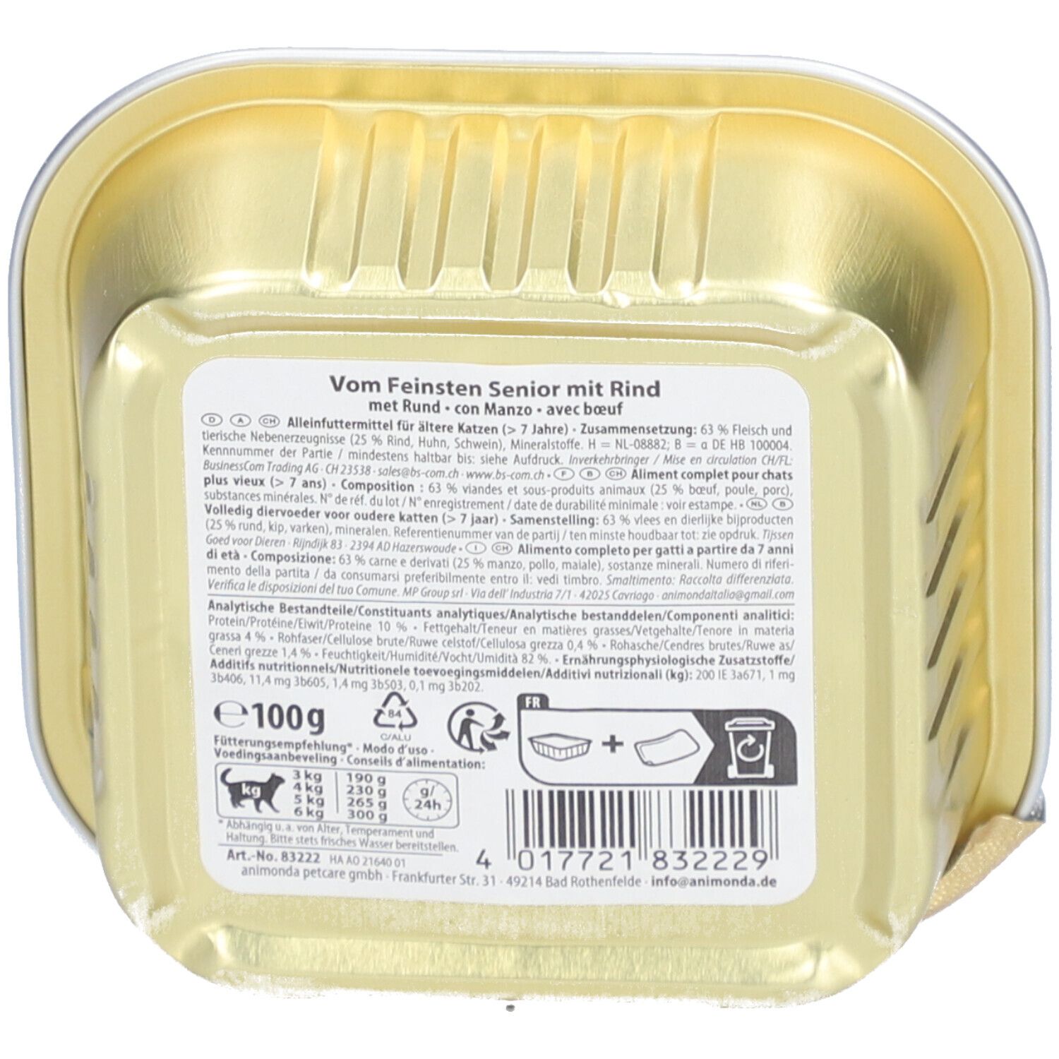 Dos de la barquette Animonda Vom Feinsten Senior mit Rind. Texte et informations nutritionnelles. Barquette dorée, 100g.