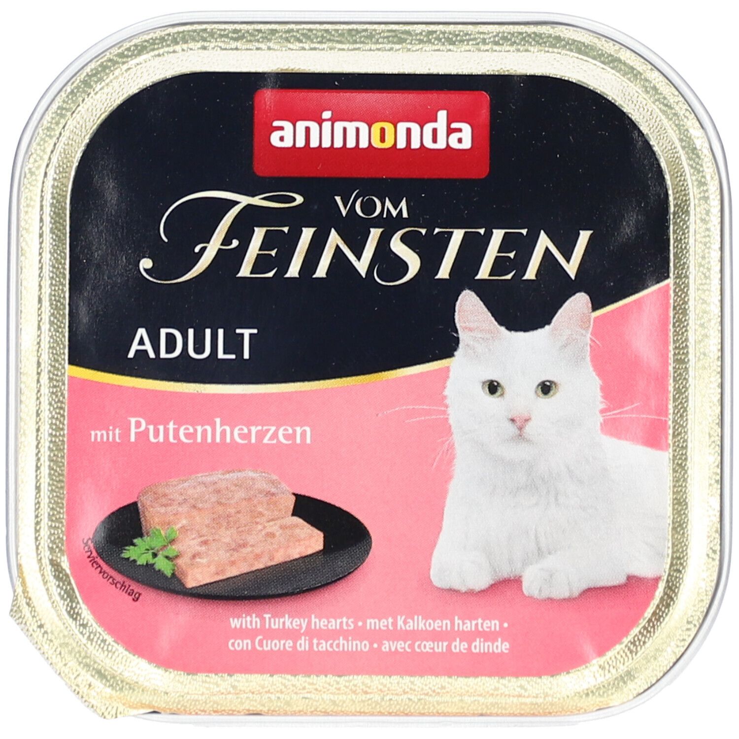 Boîte animonda Vom Feinsten Adult mit Putenherzen. Fond noir, bord rose, chat blanc, illustration du produit.