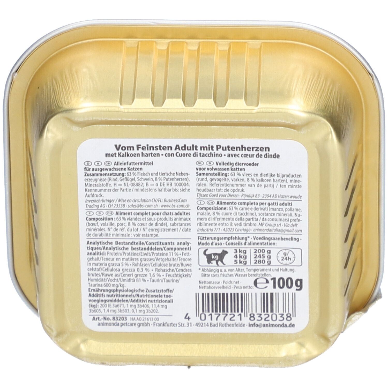 Dos de la boîte animonda Vom Feinsten Adult mit Putenherzen. Doré, texte, informations nutritionnelles, poids 100g.