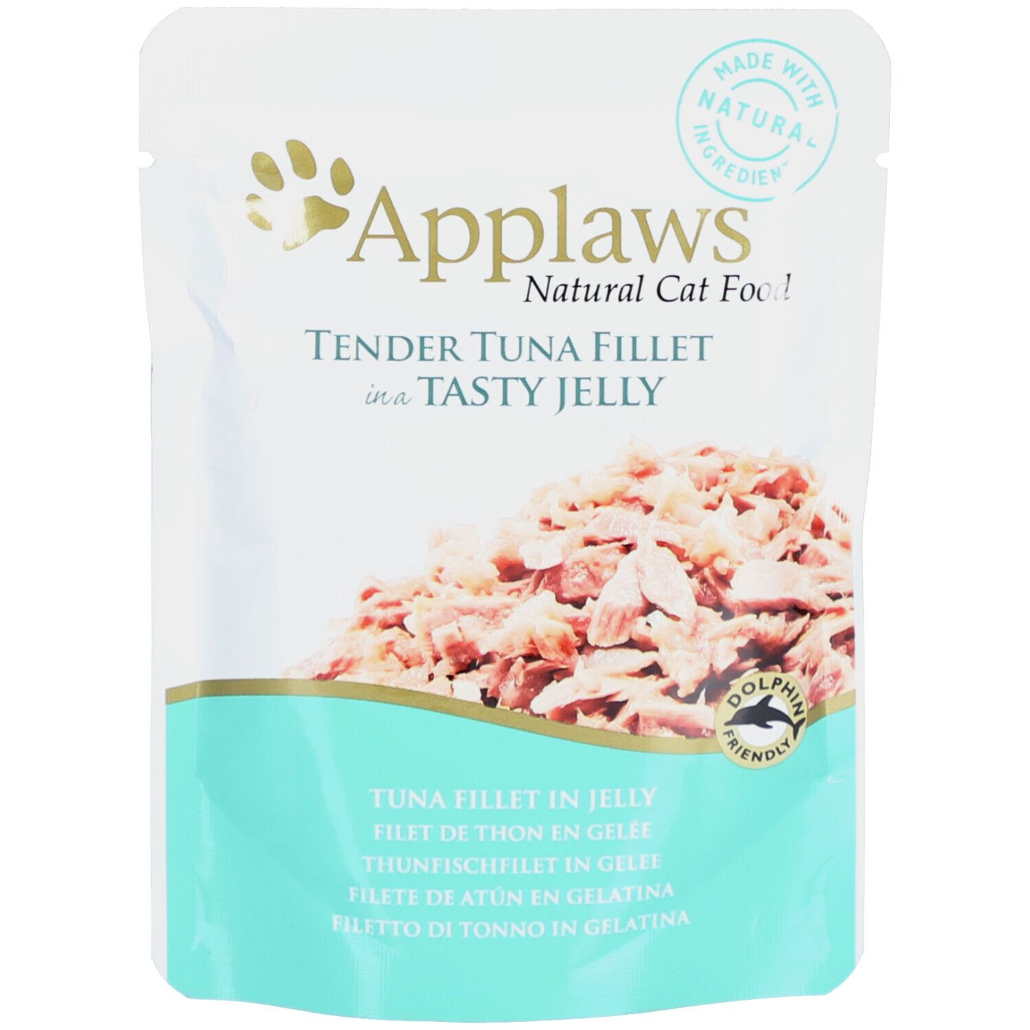 Verpakking Applaws™ TUNA FILLET in gelei. Voorkant met productnaam, logo en inhoud. "Dolphin Friendly" keurmerk.