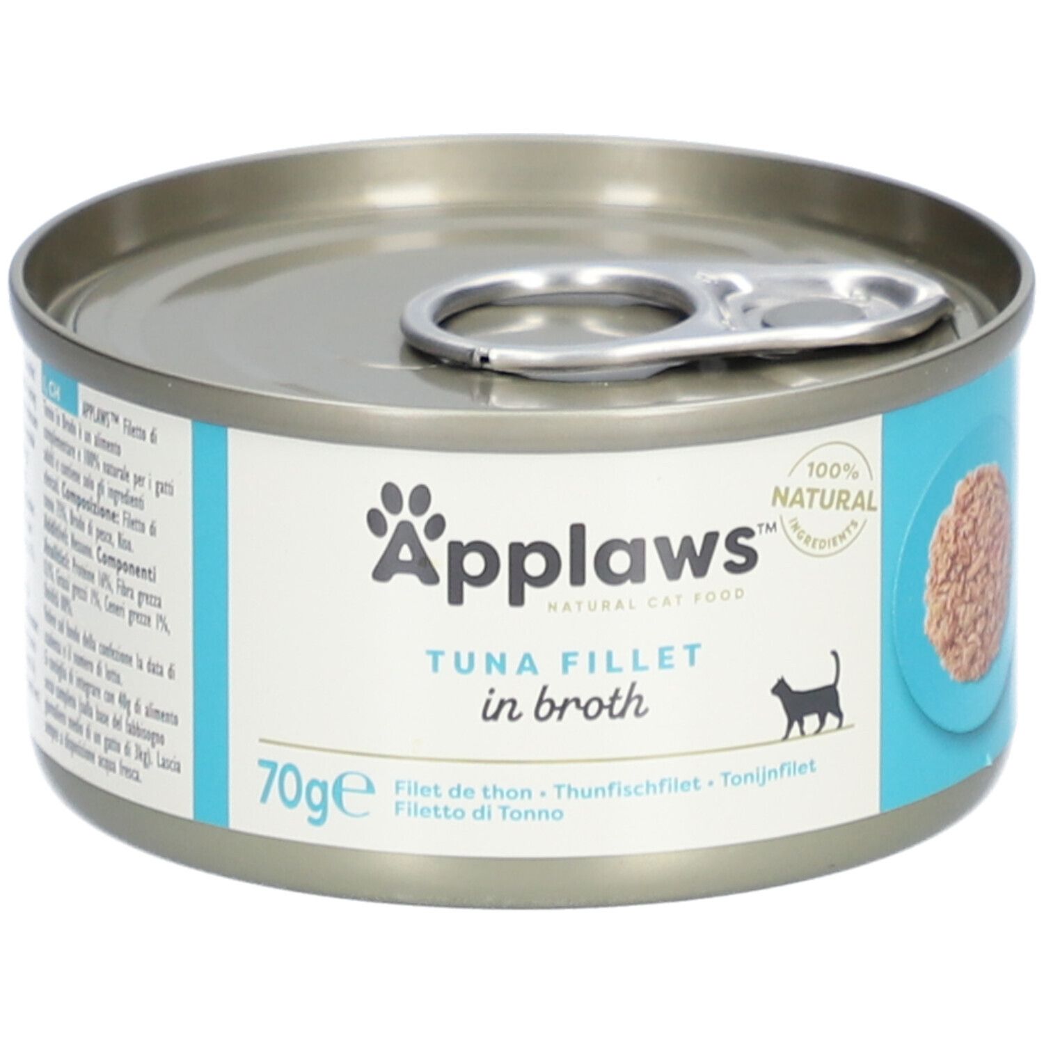 Boîte Applaws™ Filet de thon en bouillon. Étiquette turquoise et blanche avec nom, logo, chat. 70g.