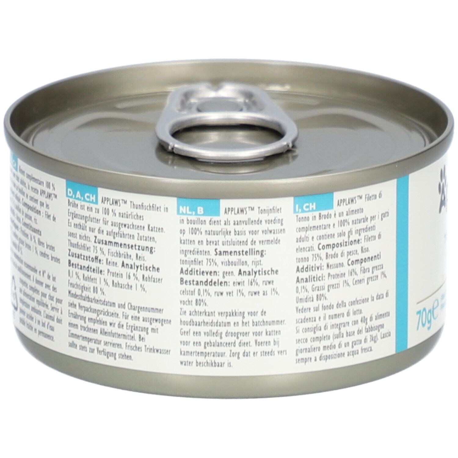 Boîte Applaws™ Filet de thon en bouillon. Détail des ingrédients et valeurs nutritionnelles. 70g.