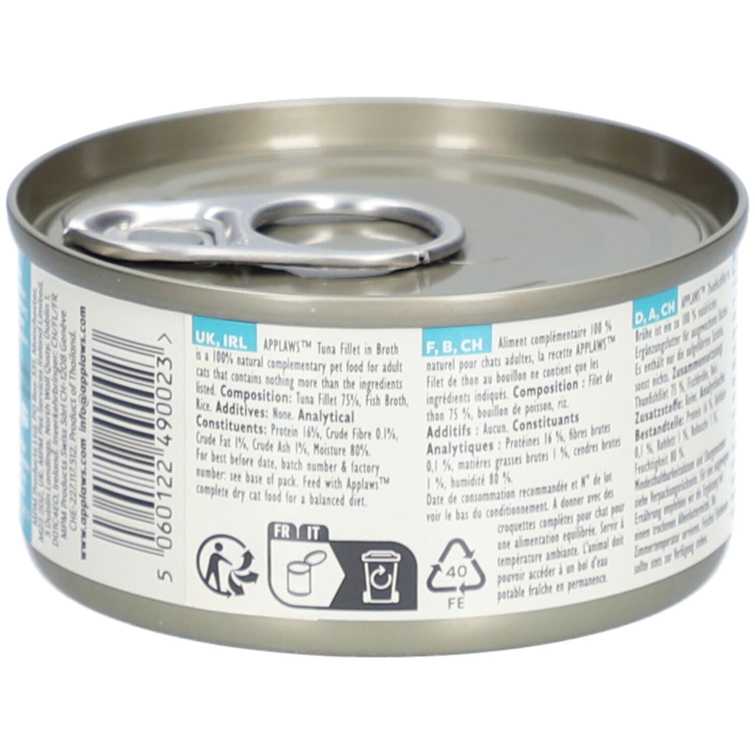 Boîte Applaws™ Filet de thon en bouillon. Dos avec informations, code-barres et symboles de recyclage.