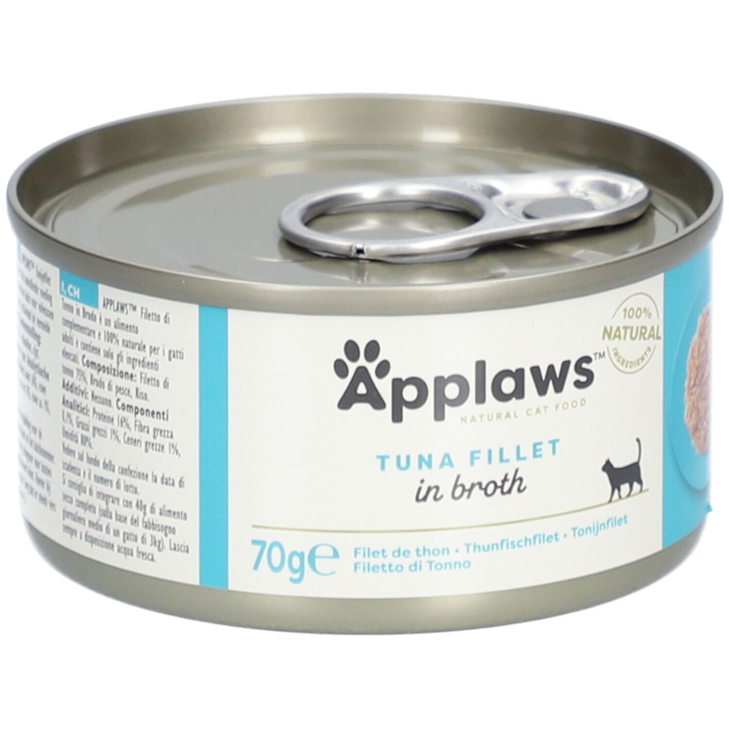 Boîte Applaws™ Filet de thon en bouillon. Étiquette turquoise et blanche avec nom, logo, chat. 70g.
