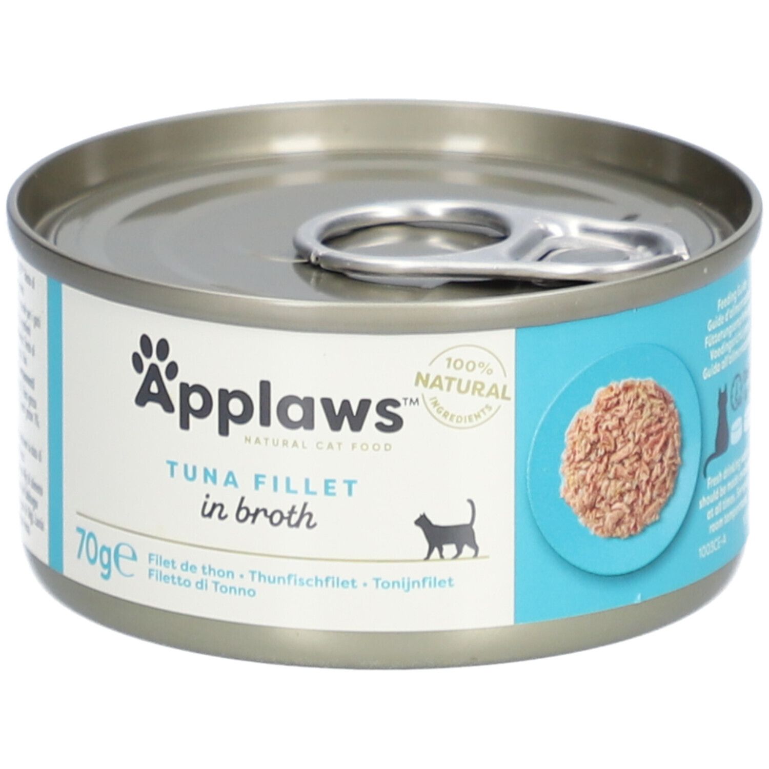 Boîte Applaws™ Filet de thon en bouillon. Étiquette avec produit, chat, 100% naturel. 70g.